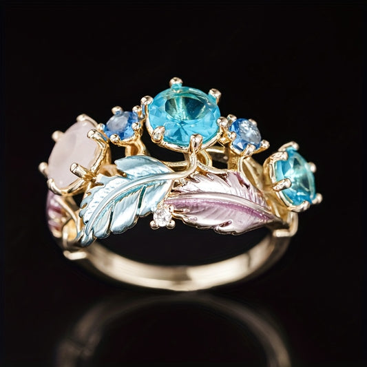 Bague Plume Vigne Doree Zircon Bleu - Bijou Boheme Femme Plaque Or