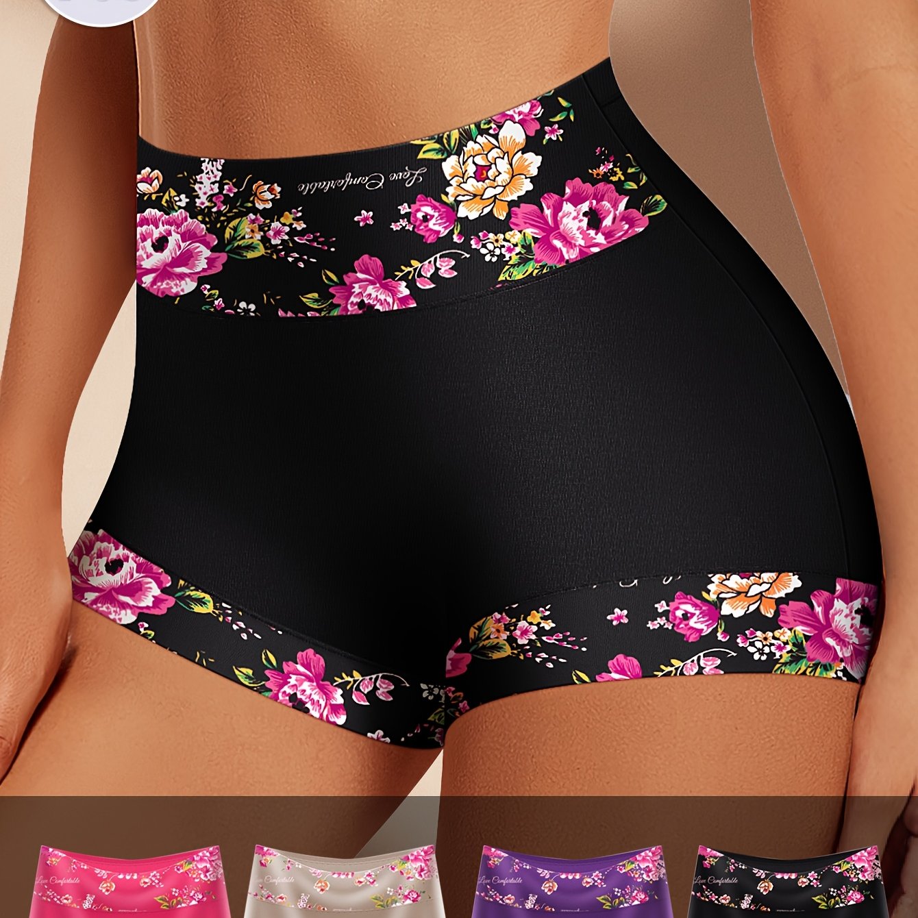 Lot de 4 Boxers Shorts Taille Haute Femme — Imprimé Floral, 92% Coton, Broderie Œillets, S-XXL