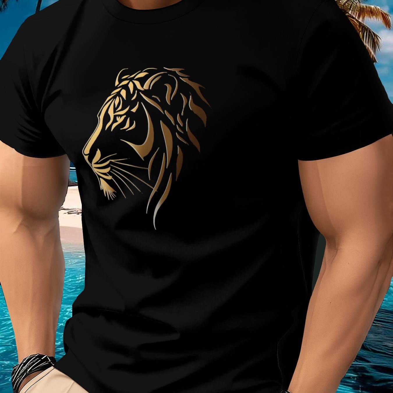 T-Shirt Homme Col Rond Manches Courtes Imprime Lion Respirant Sechage Rapide - 100% Polyester Noir FR S-XXL