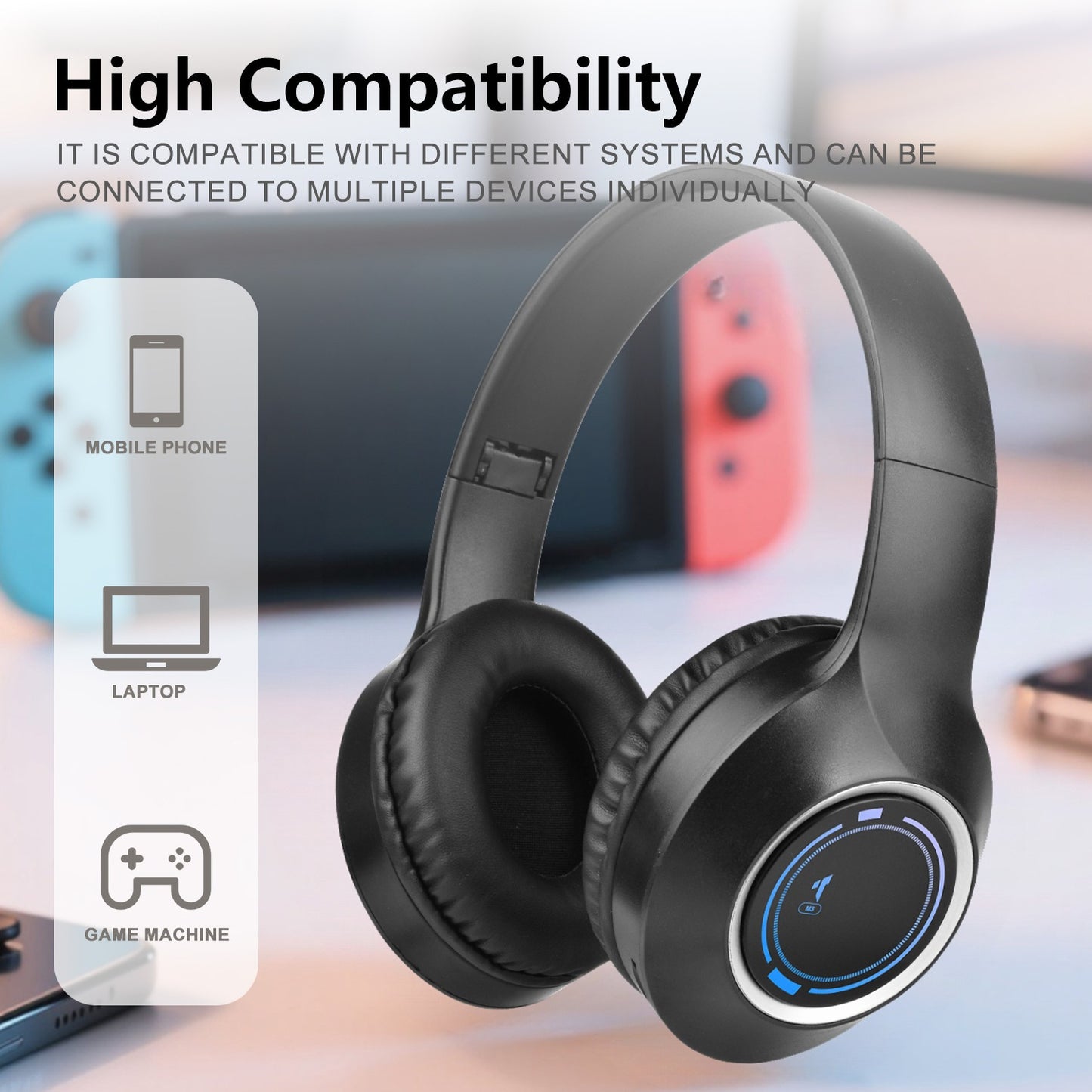 Casque Sans Fil Supra-Auriculaire Pliable – Micro Intégré, Batterie 150mAh & USB-C | Thème Anime & Film | Noir & Beige