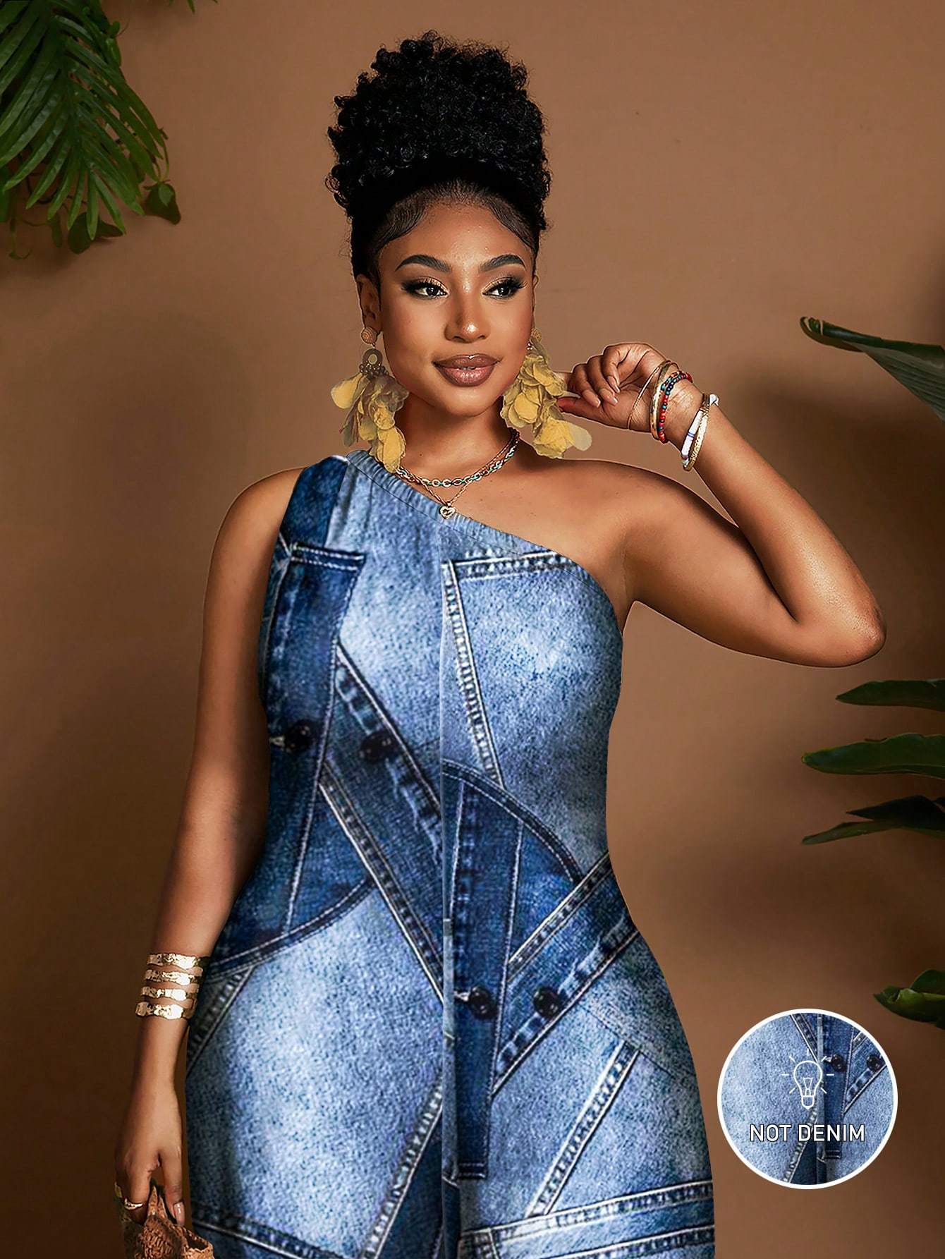 Combinaison femme grande taille imprimee effet denim - Sans manches, epaules denudees, col asymetrique, bleu