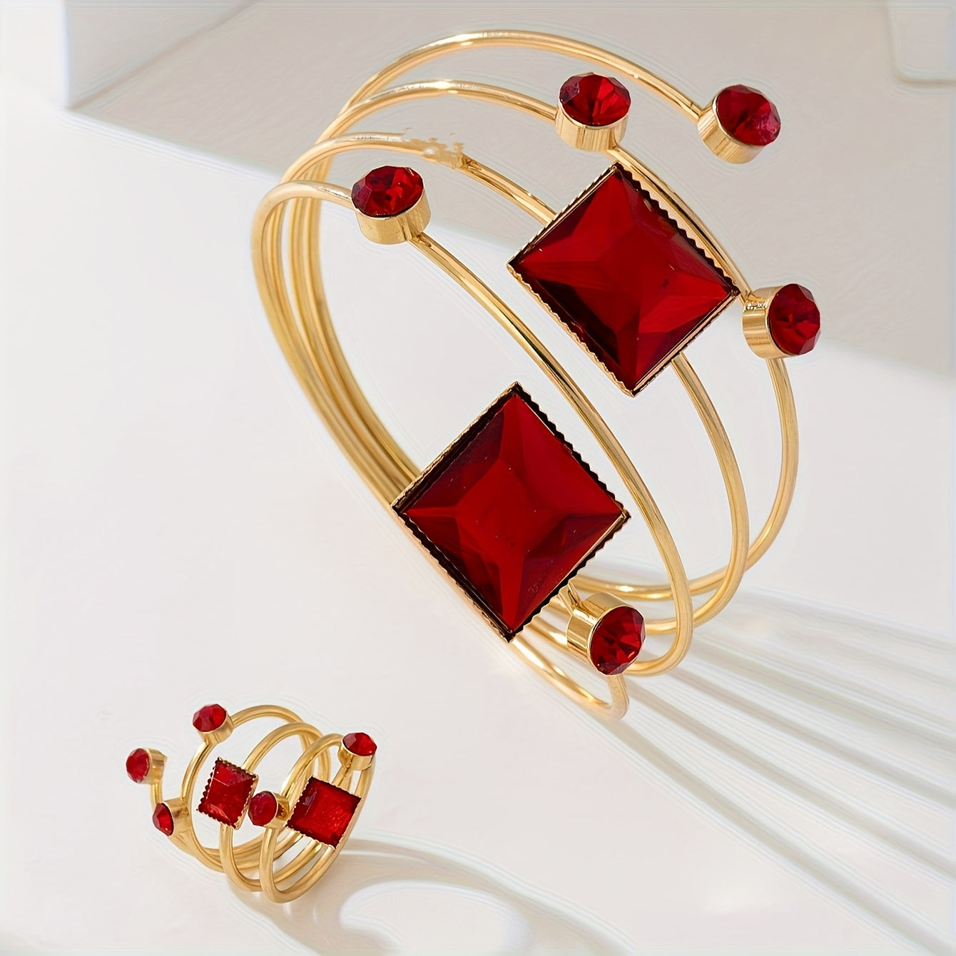 Ensemble bracelets et bagues femme plaque or KC - Style elegant, mosaique resine, toutes saisons, dore