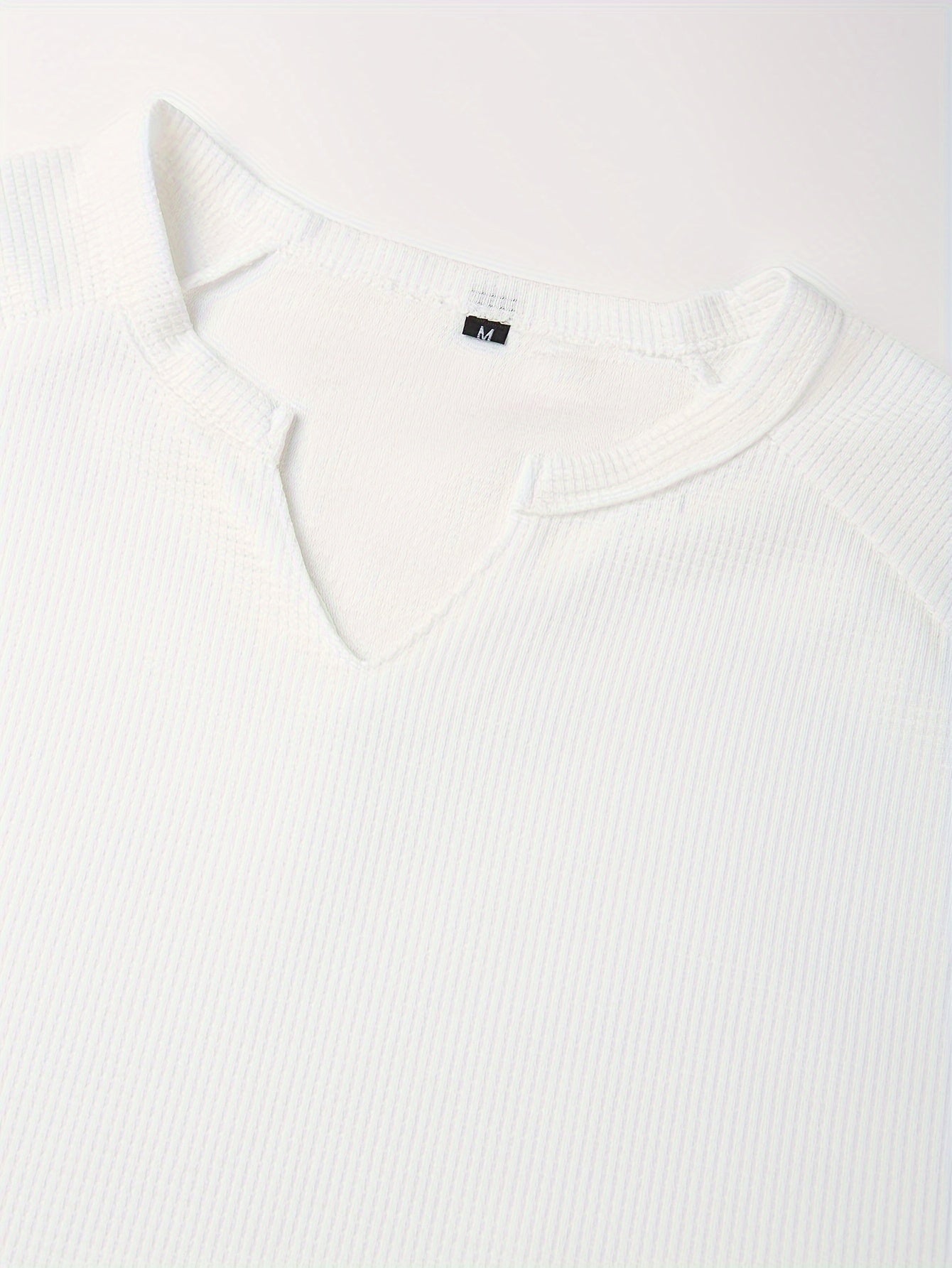 T-Shirt Homme Manches Longues Col en V Gaufre - Slim, 100% Polyester, Blanc Beige Noir, S-XXXL