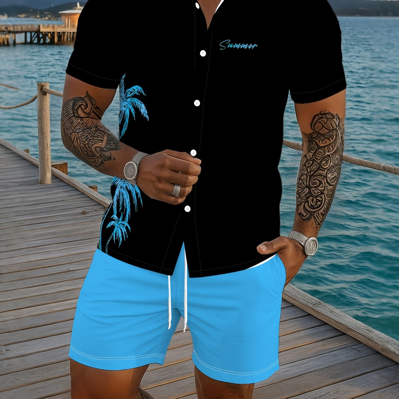 Ensemble Chemise Manches Courtes et Short Imprime Homme - Tenue Ete Decontractee