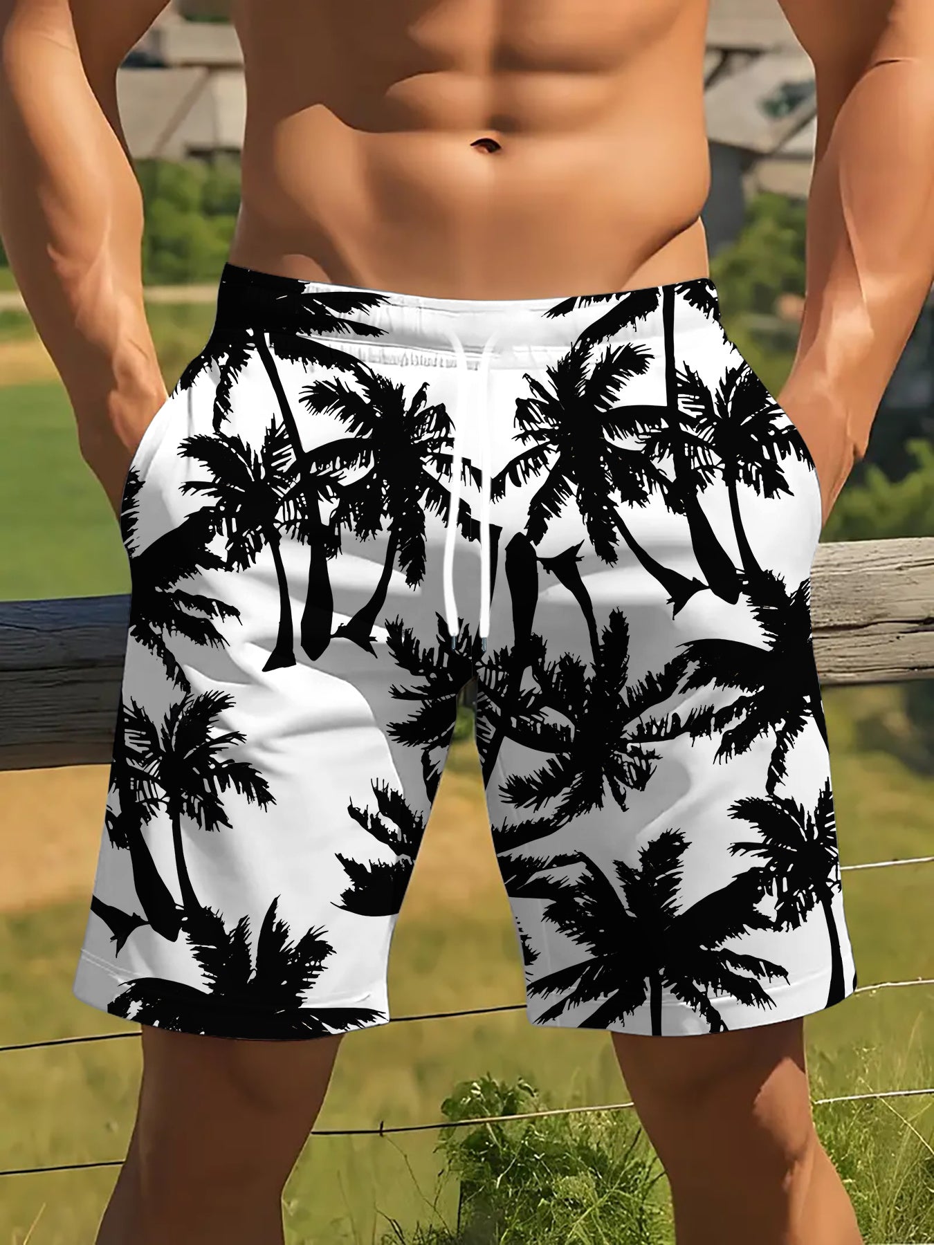 Short Homme Motif Cocotier – Noir sur Fond Blanc, 100% Polyester & Coupe Décontractée | FR S à XXL
