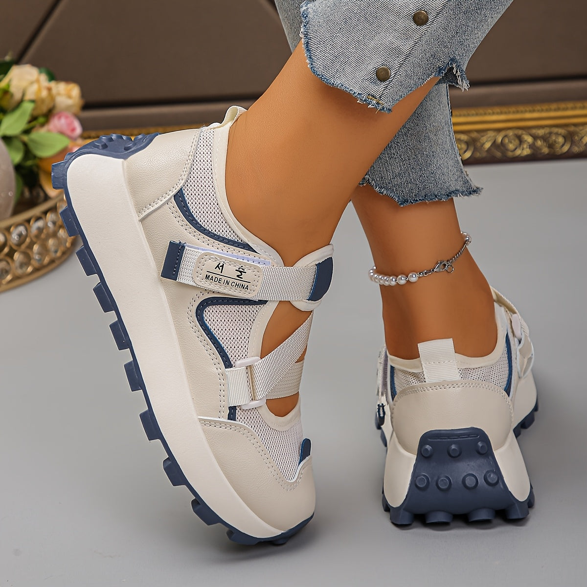 Baskets Femme Ete Respirantes Maille Velcro Semelle Caoutchouc - Couleur Unie Beige Blanc EU 35-40