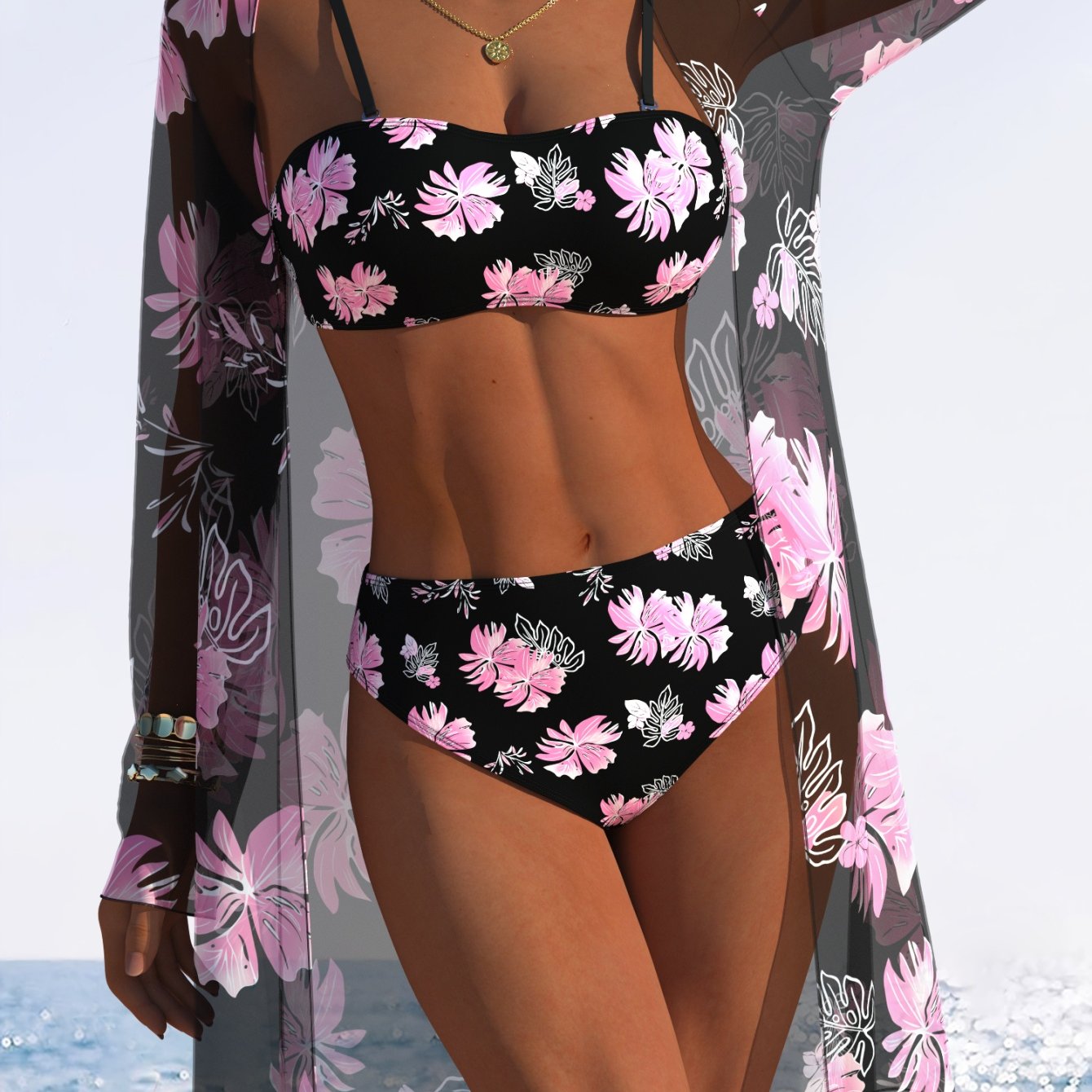 Bikini 3 pièces femme imprimé aléatoire - Tissu très extensible, style plage tendance