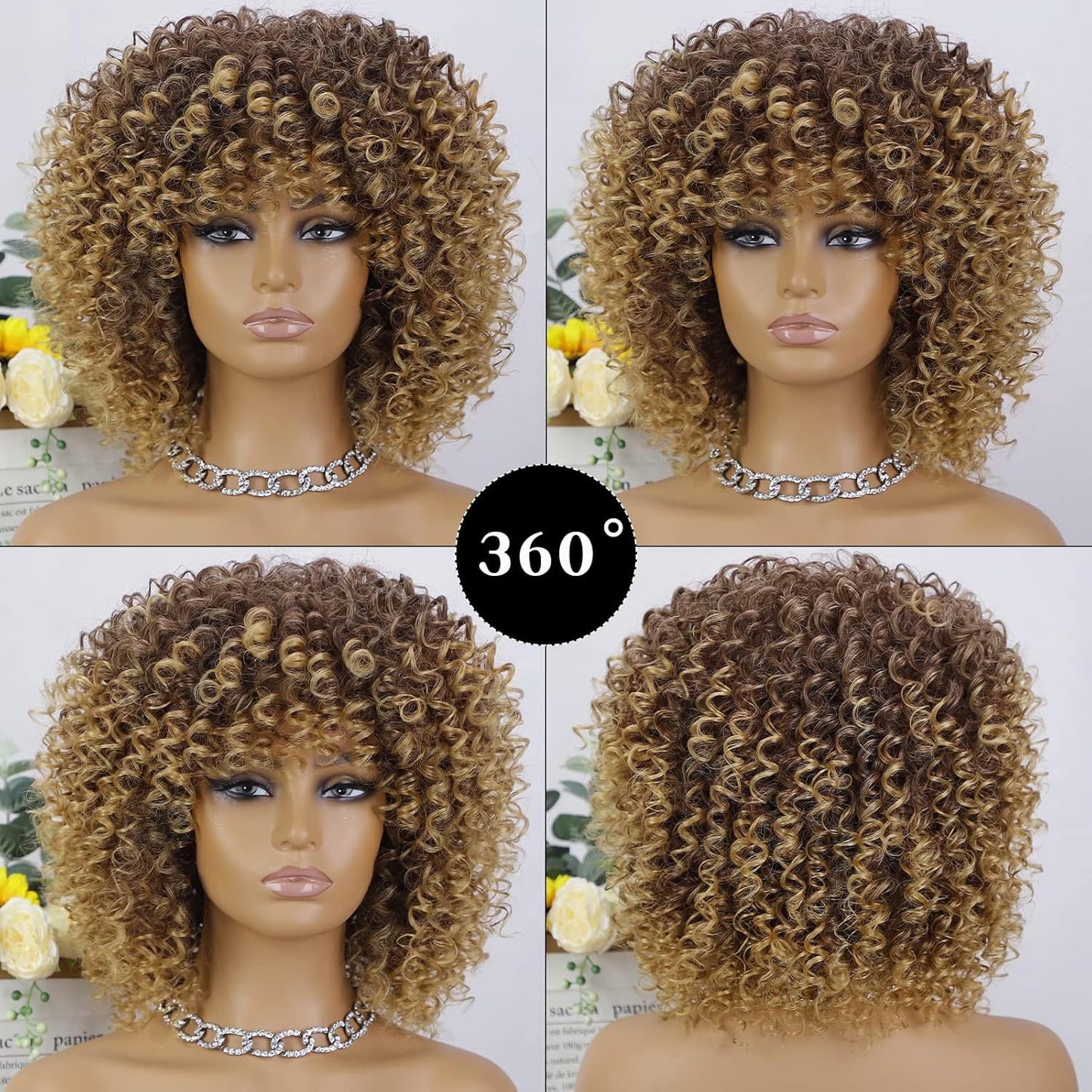 Perruque Synthétique Courte Frisée - Blonde & Brune, Frange, Résistante à la Chaleur