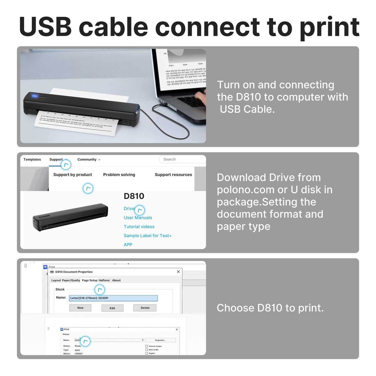 Imprimante Thermique Portable D810 – Sans Fil, USB, Autocollants & Papier Thermique