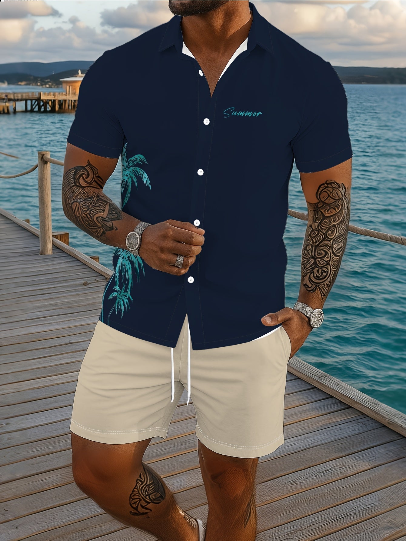 Ensemble Chemise Manches Courtes et Short Imprime Homme - Tenue Ete Decontractee