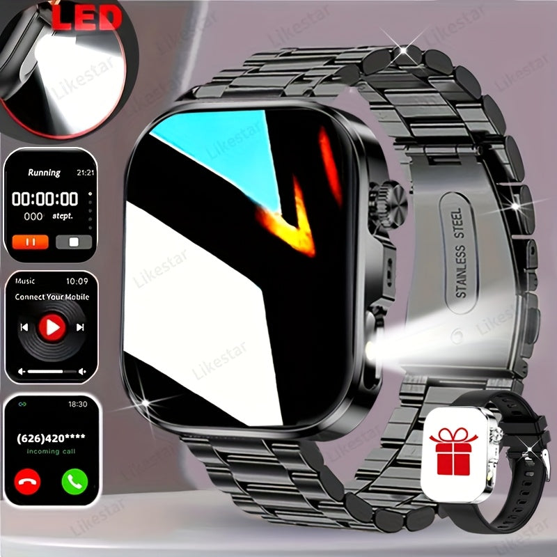 Montre Connectee Tactile Bracelet Acier Inoxydable Ecran HD 2.01 Pouces Recharge Magnetique - Appels Notifications Lampe Torche LED Style Business Decontracte
