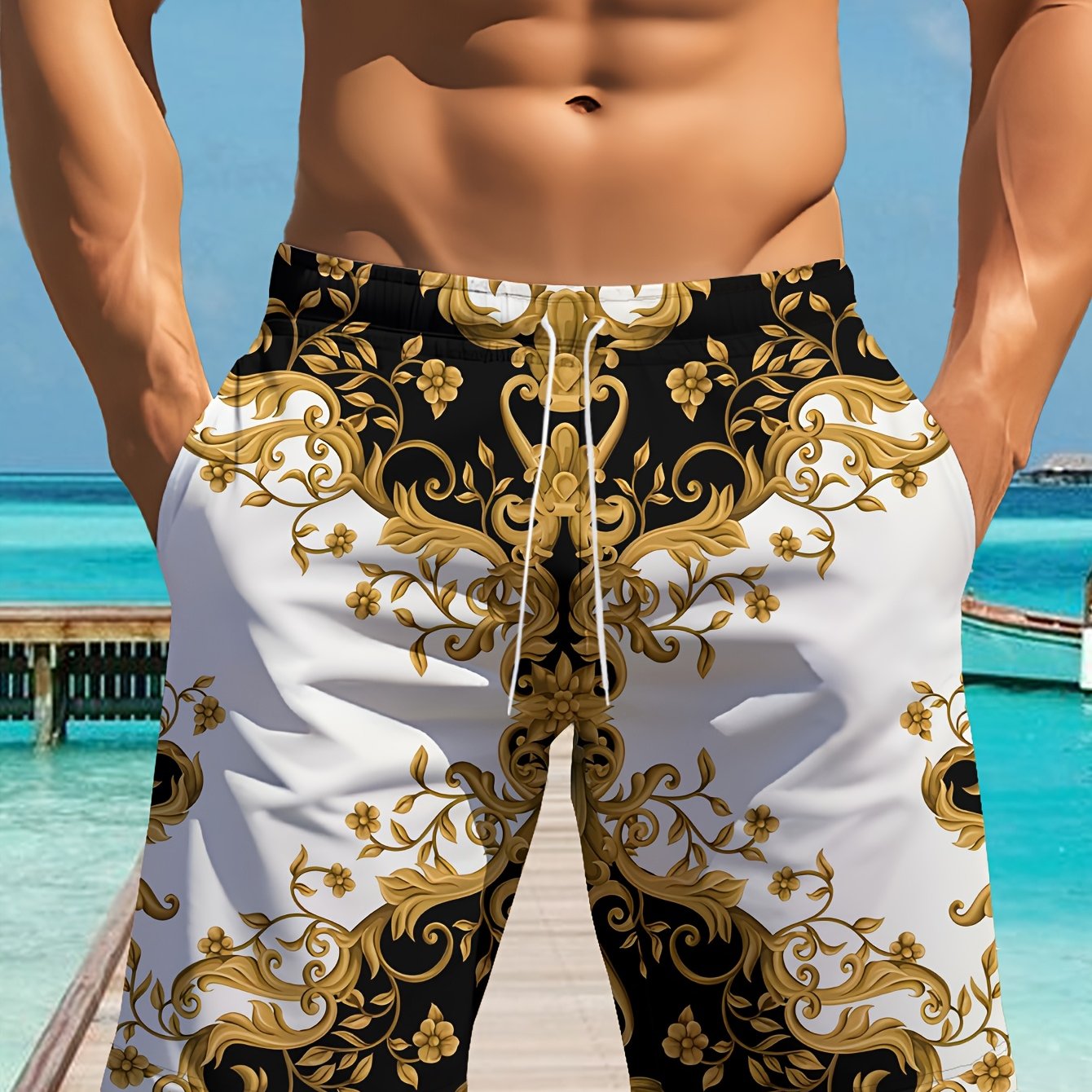 Short Homme Motif Géométrique avec Cordon de Serrage - Style Décontracté