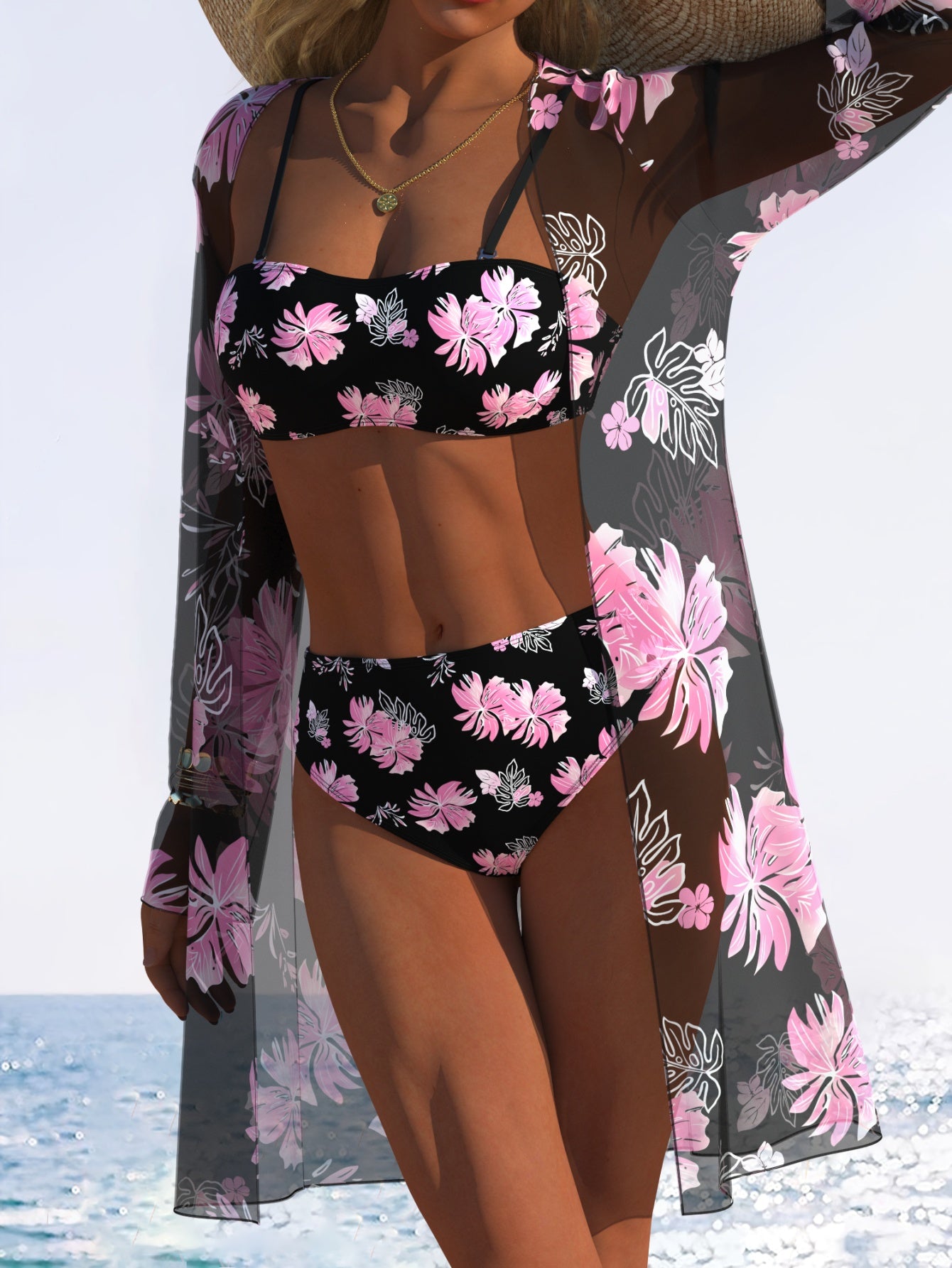 Bikini 3 pièces femme imprimé aléatoire - Tissu très extensible, style plage tendance