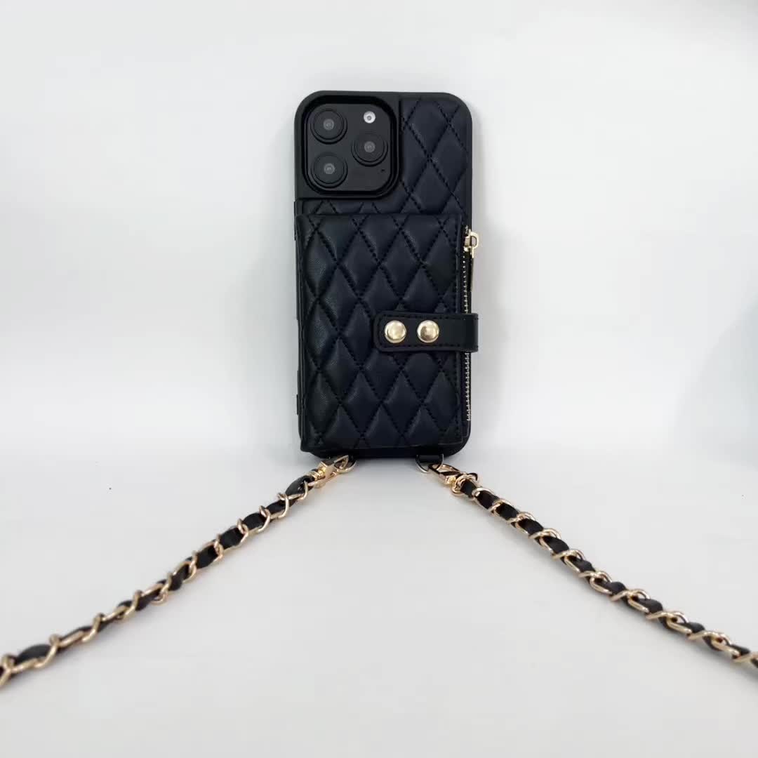 Coque iPhone Portefeuille Matelassee Similicuir Porte-Cartes Bandouliere Chaine - iPhone 11 a 17 Pro Max Beige Noir Rouge