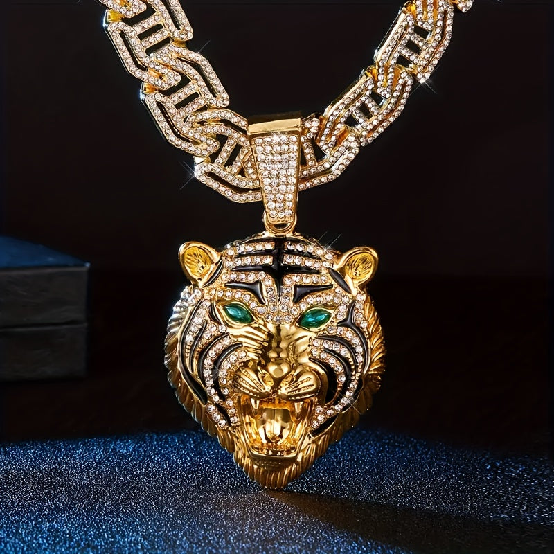 Collier Pendentif Tête de Tigre Yeux Verts — Chaîne Cubaine Strass, Alliage Zinc, 2 Coloris