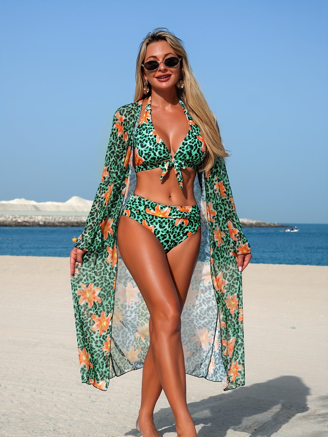Bikini Femme Col V Manches Longues Imprime Integral Aleatoire - 82% Polyester Elasthanne Tres Extensible Vert S-XXL