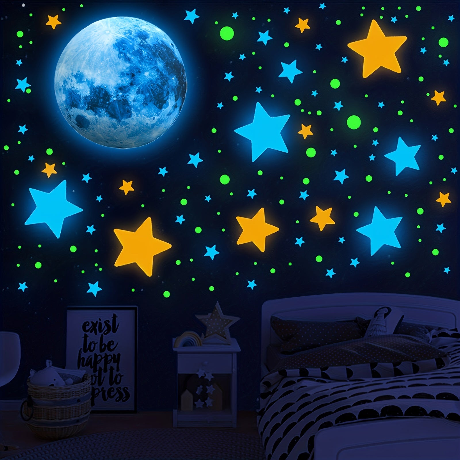 Blue moon and glowing yellow, blue, and green star wall decals arranged above a bed in a dark room.