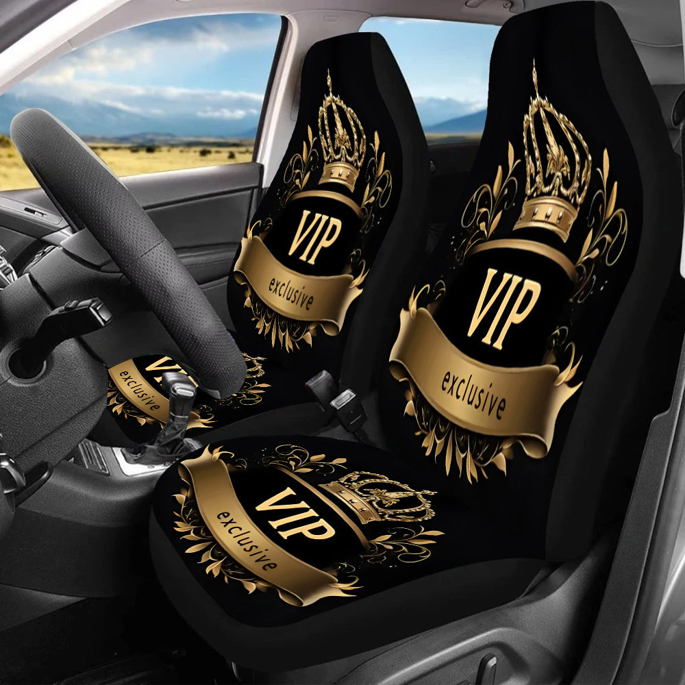 Lot de 2 Housses de Siège Auto VIP — Imprimé Couronne, Toile & Éponge, Ajustement Universel