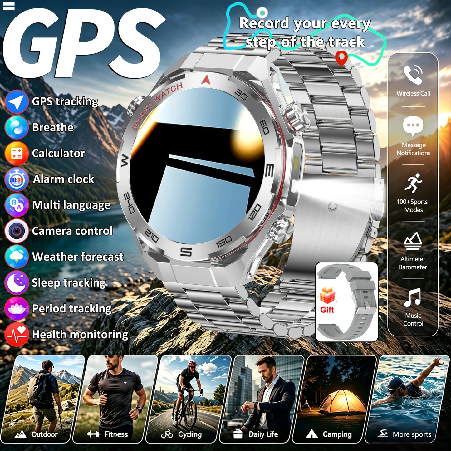 Montre Connectee Sport Homme GPS Integre - Ecran IPS HD 1.5 Pouces, Lampe Torche LED, Altimetre, Bluetooth 5.0