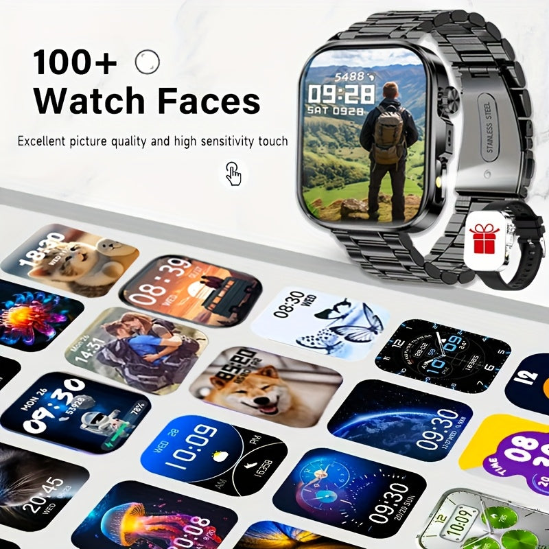Montre Connectee Tactile Bracelet Acier Inoxydable Ecran HD 2.01 Pouces Recharge Magnetique - Appels Notifications Lampe Torche LED Style Business Decontracte