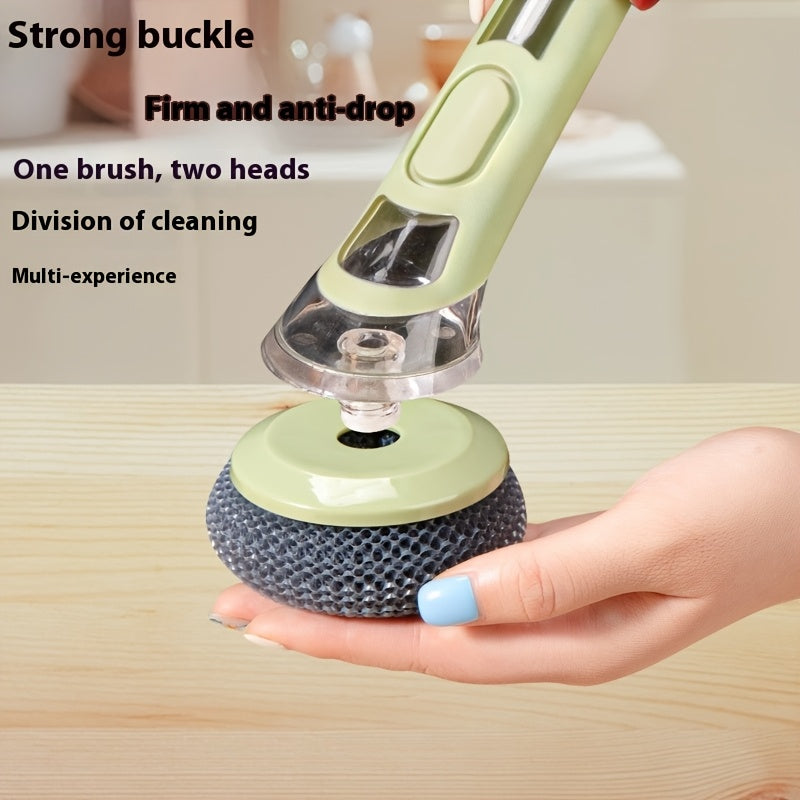 Brosse vaisselle ergonomique distributeur savon integre - Manche allonge, tete interchangeable, plastique, vert