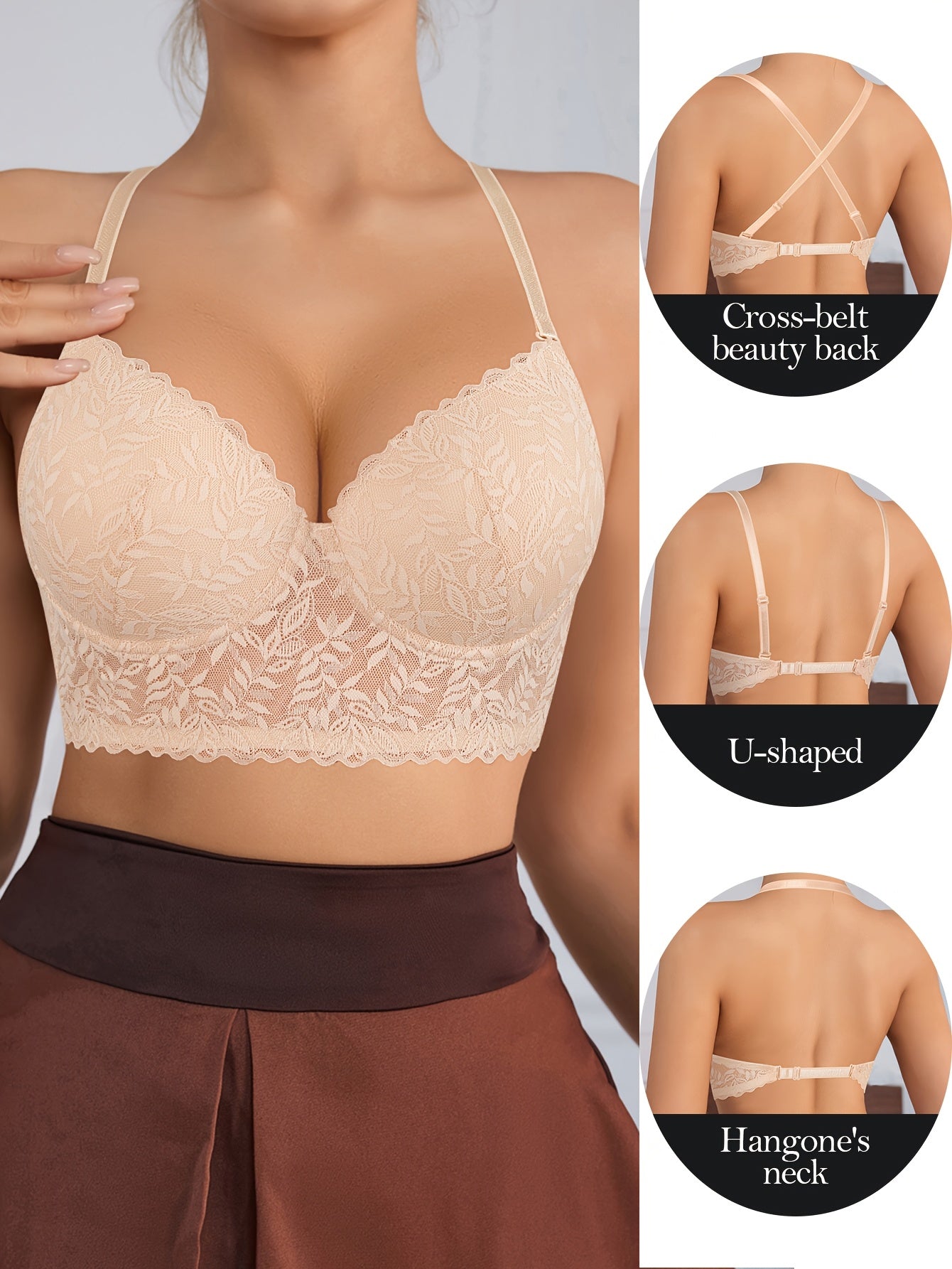 Soutien-Gorge en Dentelle Sexy – Dos Nu, Sous-Armatures, Bretelles Amovibles | Bonnets Fins & Respirants | Noir & Beige