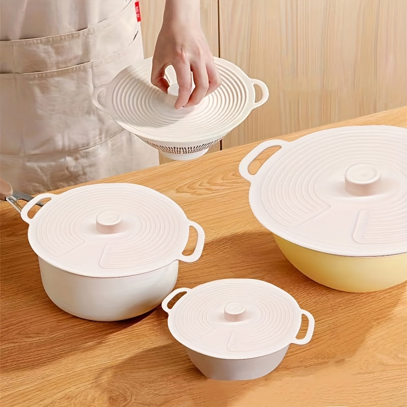Lot 3 Couvercles Silicone Double Poignee Fermeture Ventouse - Micro-Ondes Lave-Vaisselle Antiadherent Blanc