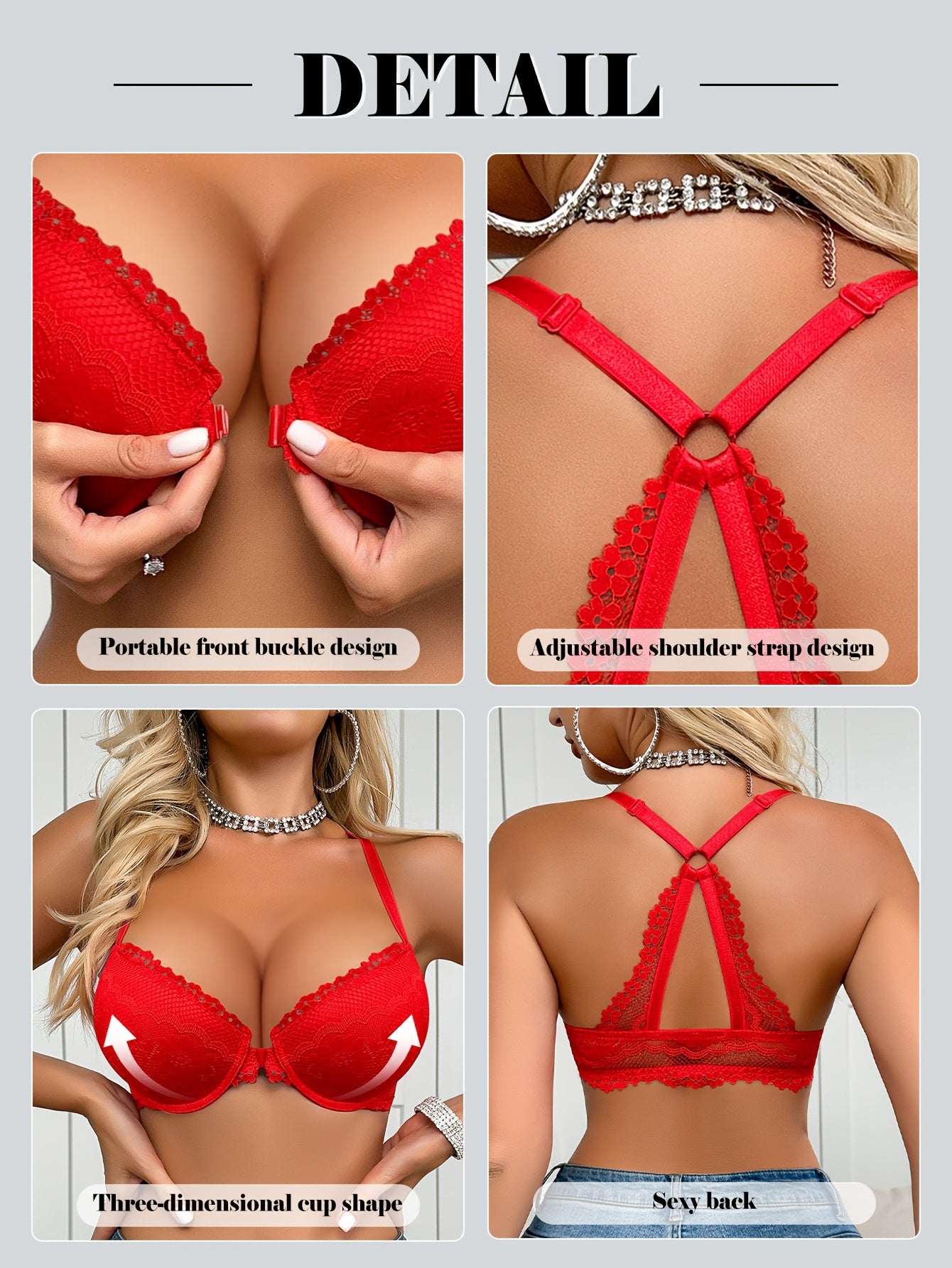 Soutien-Gorge Dentelle Sexy Femme - Sous-Armatures, Fermeture Devant, 90% Polyamide, Noir Rouge Blanc, EU 85B-100D