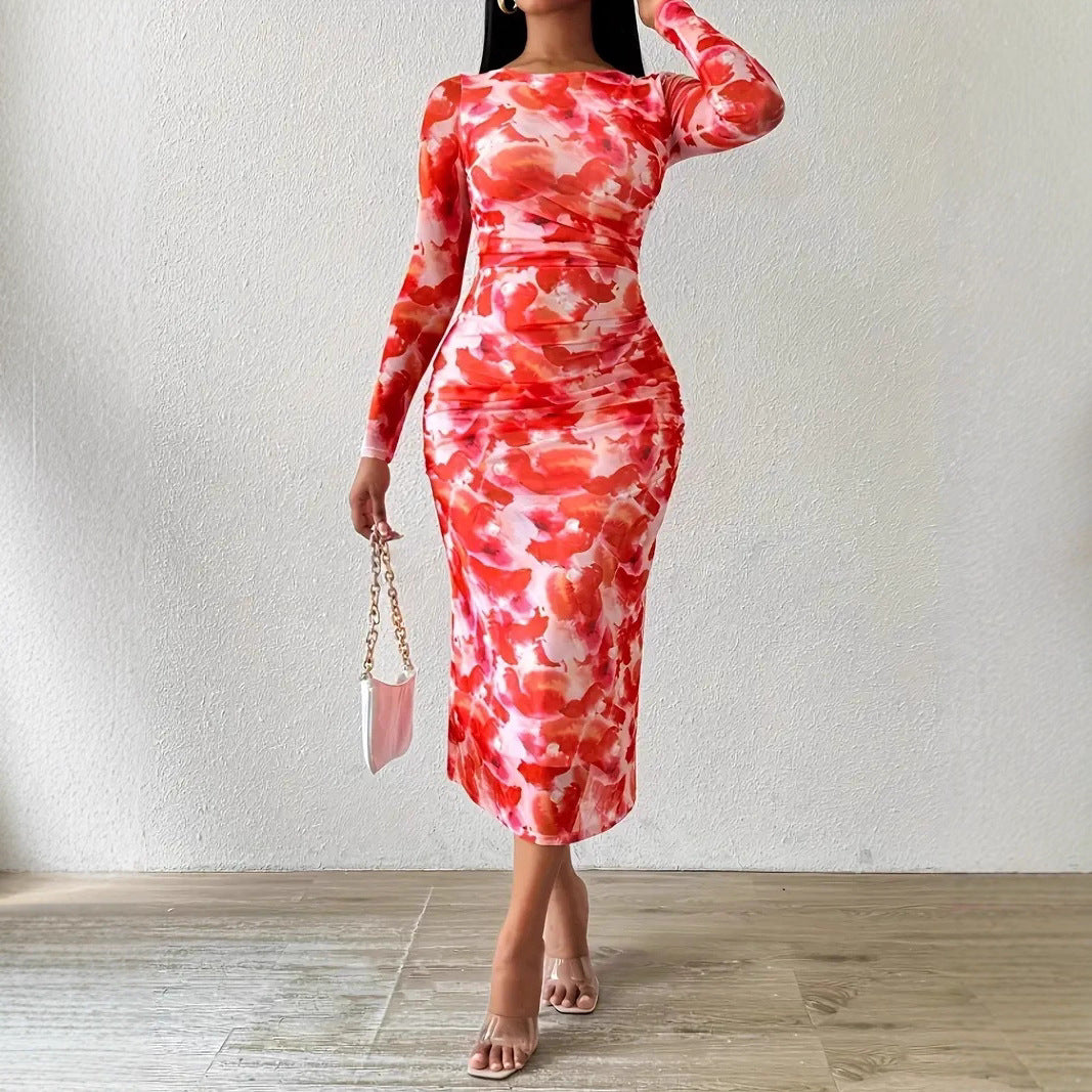 Robe Longue Imprimee Geometrique Maille - Col Rond, Manches Longues, Style Decontracte Chic