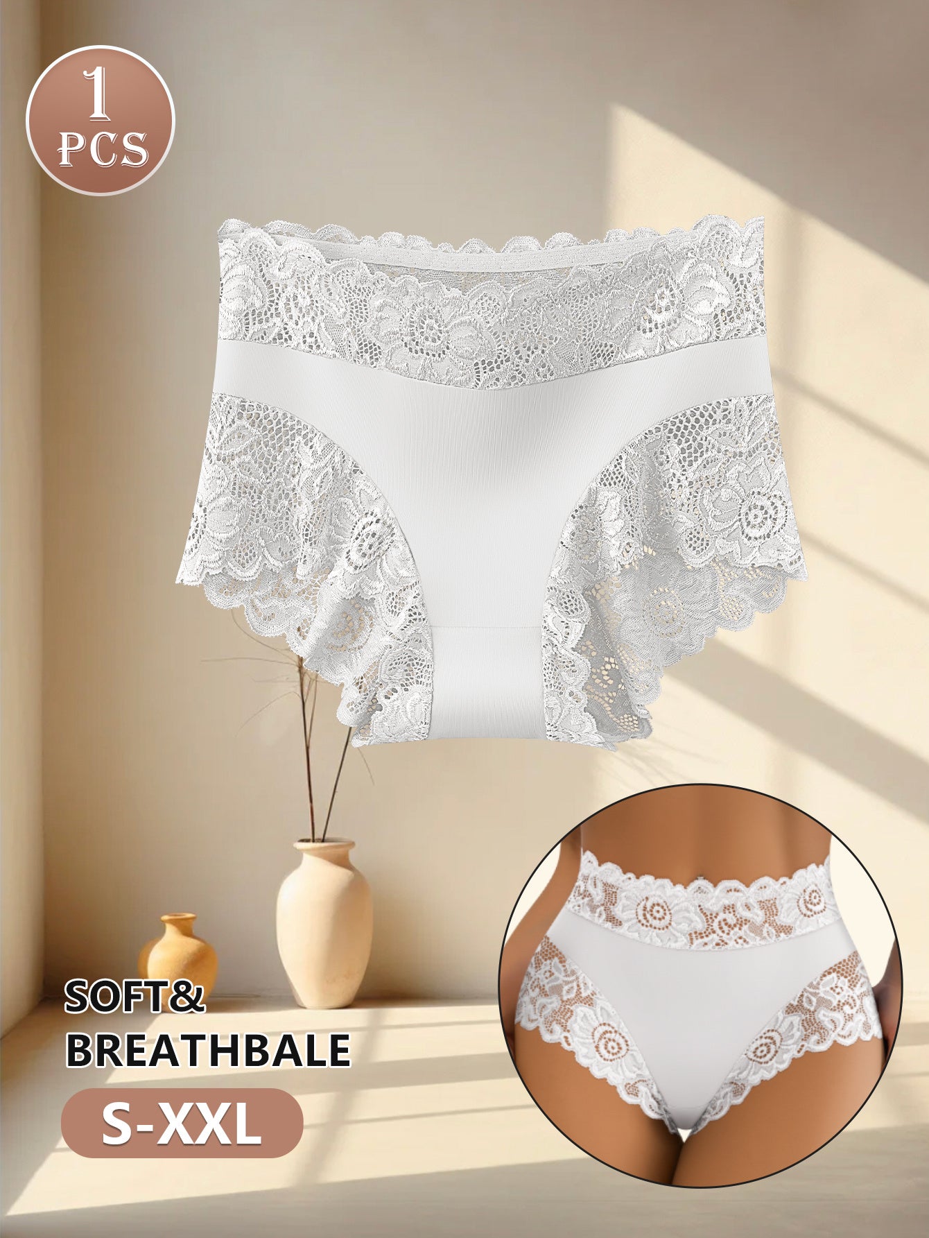 Culotte Taille Haute Sexy Bordure Dentelle Femme - Style Glamour Blanc