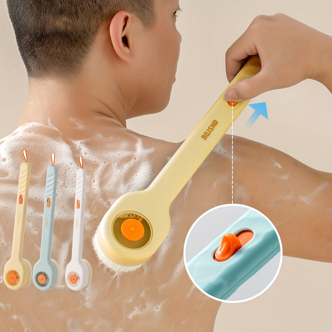 Brosse de bain long manche nylon - Frotter le dos + boule exfoliante incluse, 3 coloris