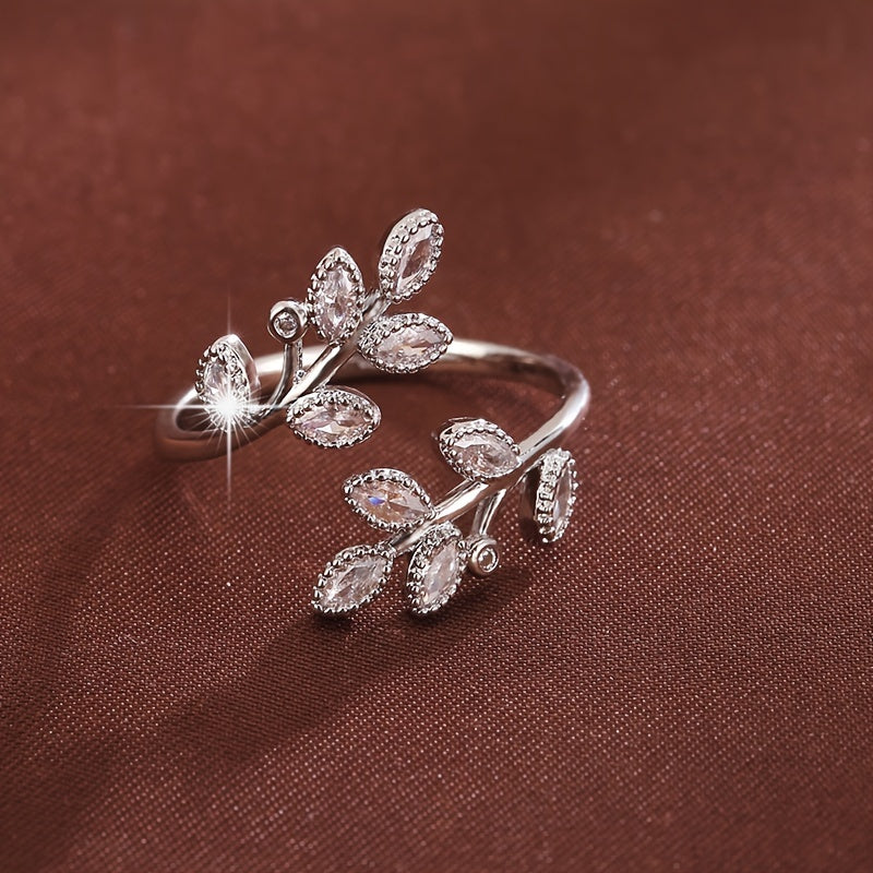 Bague ouverte ajustable femme cuivre plaque blanc K - Zircone cubique feuille branche, style nature, 6 modeles