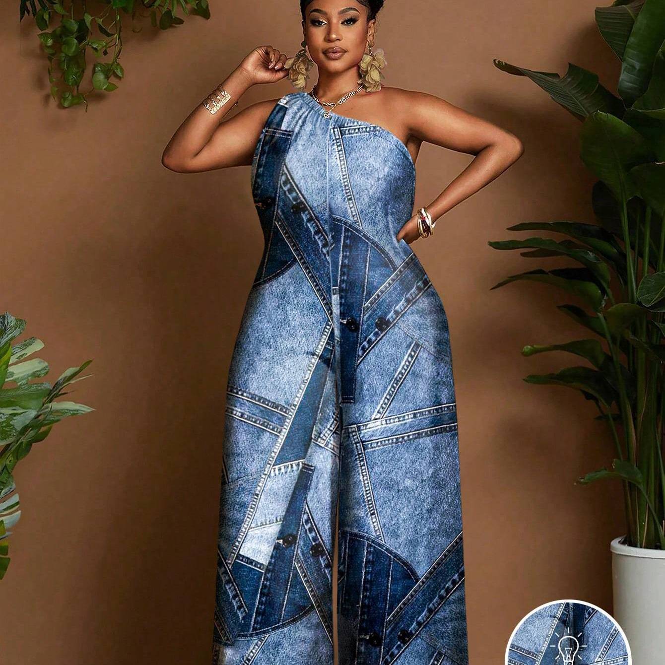 Combinaison femme grande taille imprimee effet denim - Sans manches, epaules denudees, col asymetrique, bleu