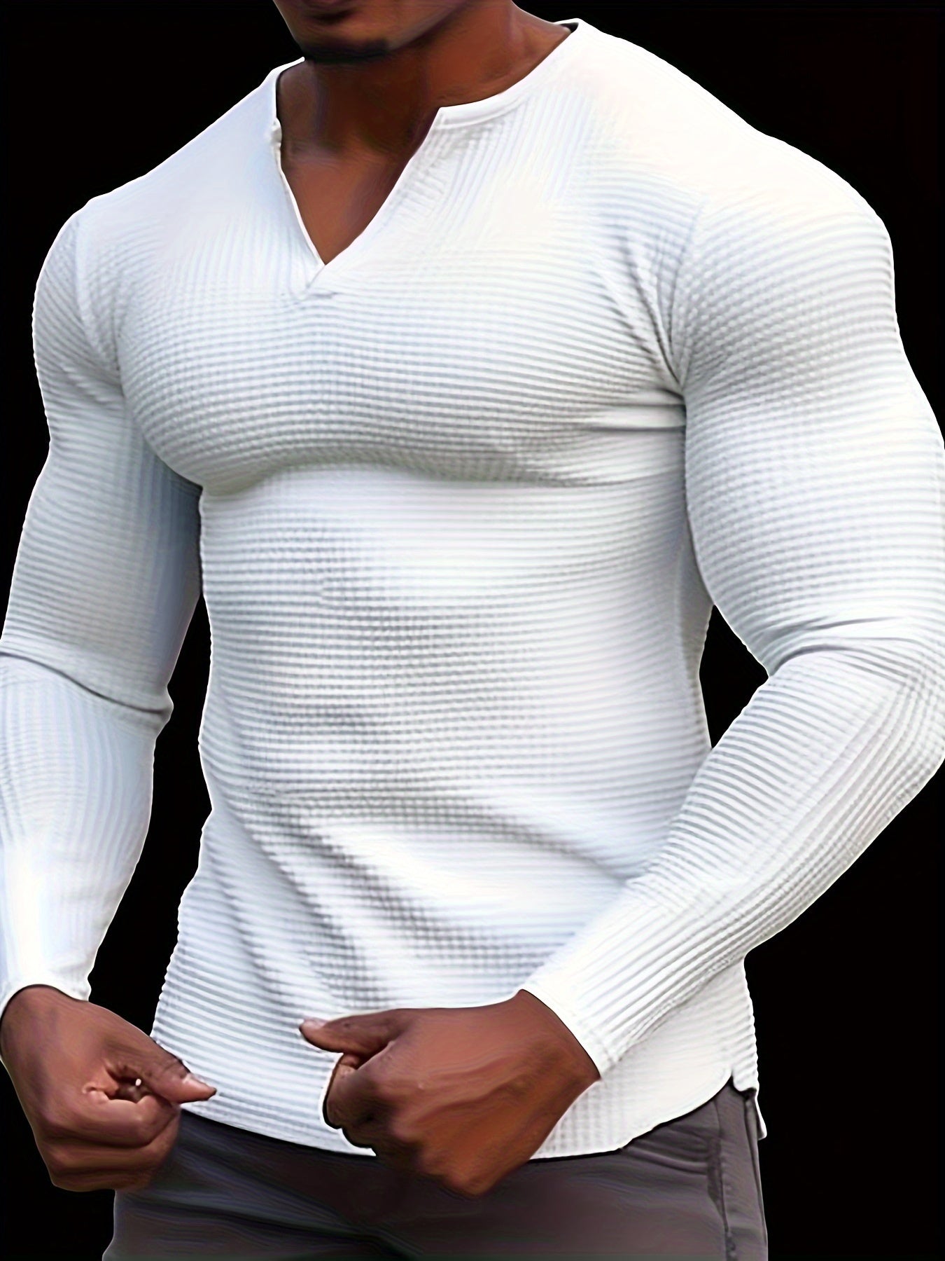 T-Shirt Homme Manches Longues Col en V Gaufre - Slim, 100% Polyester, Blanc Beige Noir, S-XXXL