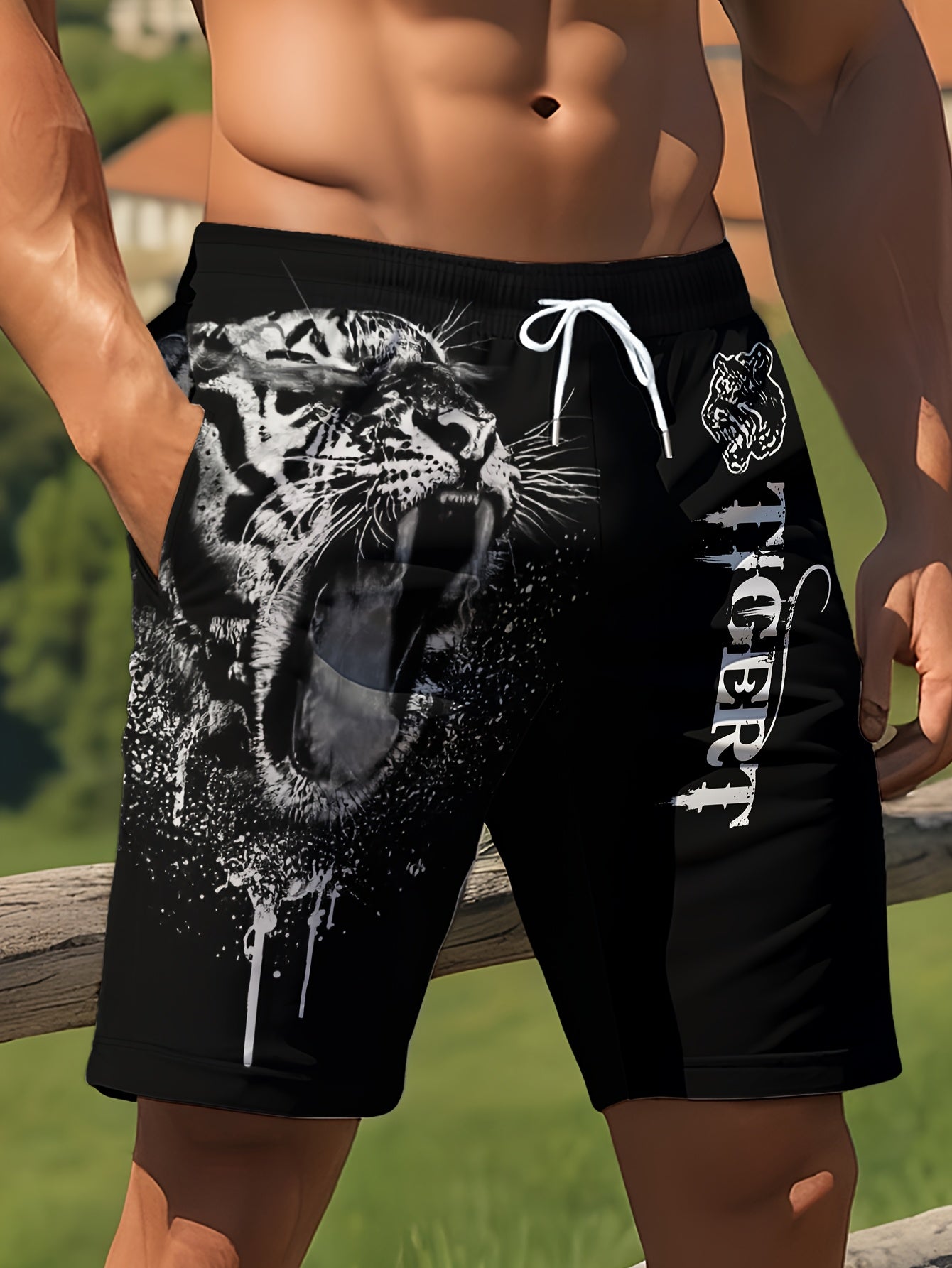 Short Homme Plage Ete Motif Tigre Feroce Geometrique - 95% Polyester Elasthanne Coupe Standard Bleu Noir FR S-XXL