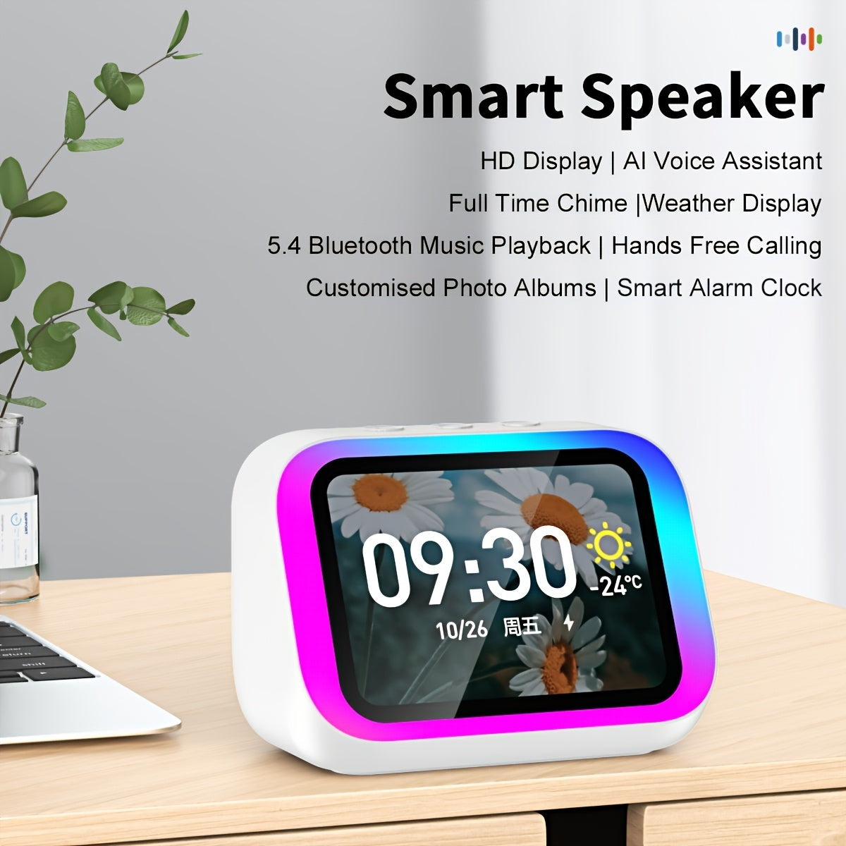 Enceinte Bluetooth Intelligente RGB - Horloge, Assistant Vocal, Son Hi-Fi