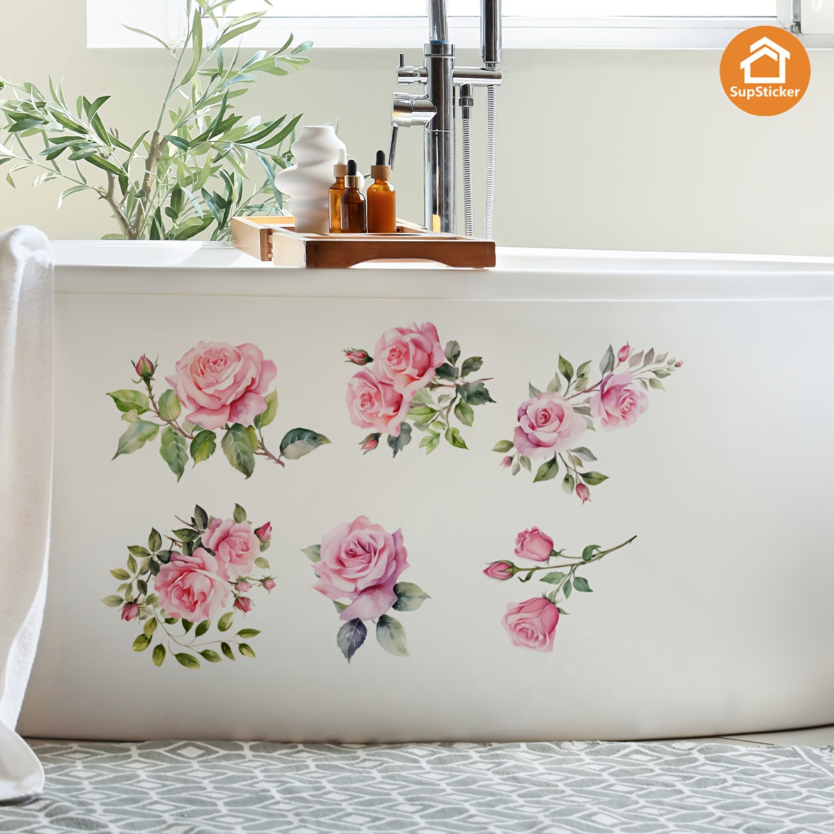 Sticker Autocollant Baignoire Lavabo Motif Floral - Vinyle, Facile a Poser, 4 Coloris, 32x47cm