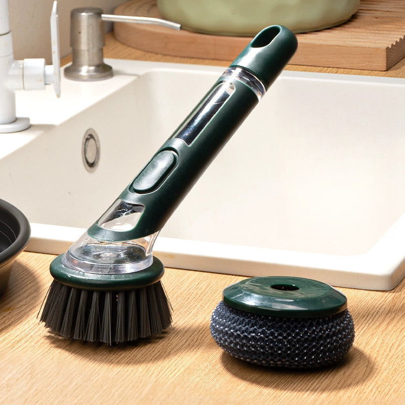 Brosse vaisselle ergonomique distributeur savon integre - Manche allonge, tete interchangeable, plastique, vert