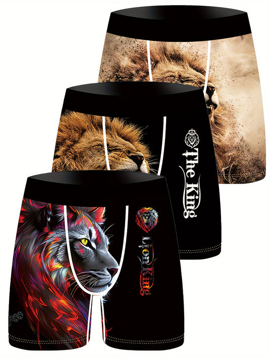 Lot de 3 Boxers Shorty Homme — Fibre Ice Sliky, 95% Polyester, Imprimé Lion, S-XXXL
