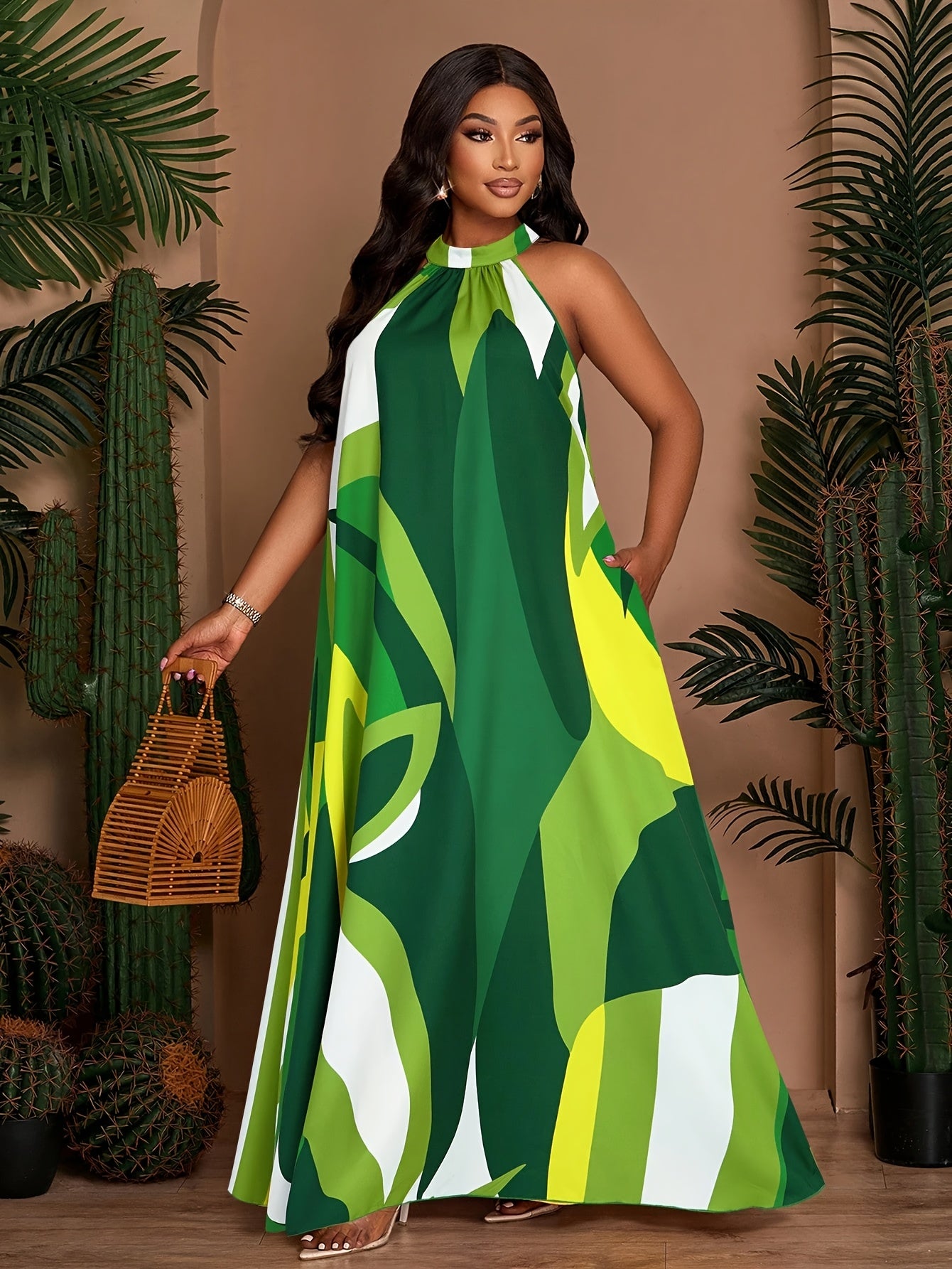 Robe longue plage femme grande taille imprimee - Col rond, coupe trapeze, nouage taille, poches, sans manches, vert ou jaune, L a 4XL