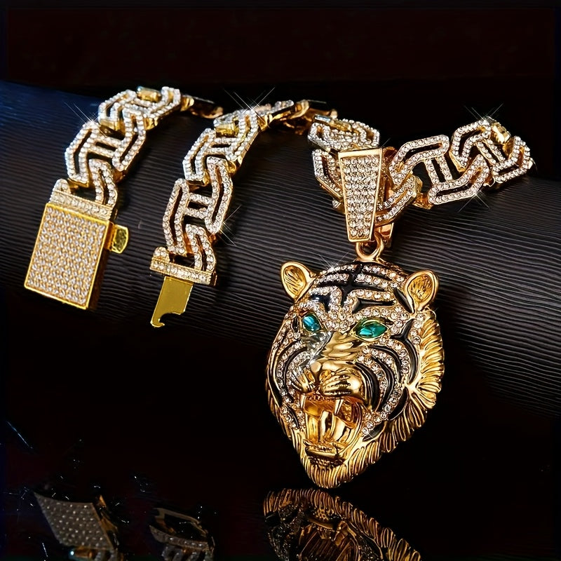 Collier Pendentif Tête de Tigre Yeux Verts — Chaîne Cubaine Strass, Alliage Zinc, 2 Coloris