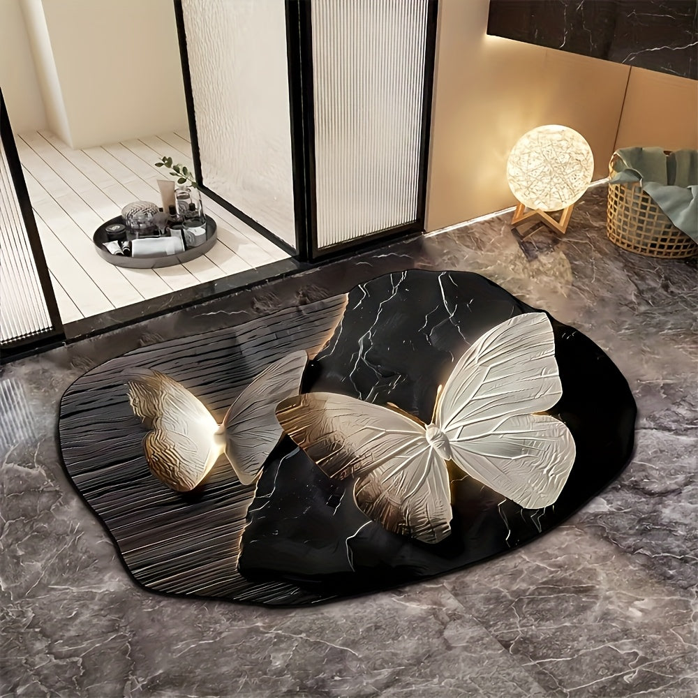 Tapis de Bain Rond Papillon Motif Floral - Antiderapant, Sechage Rapide, 100% Polyester, 40x60 ou 50x80cm