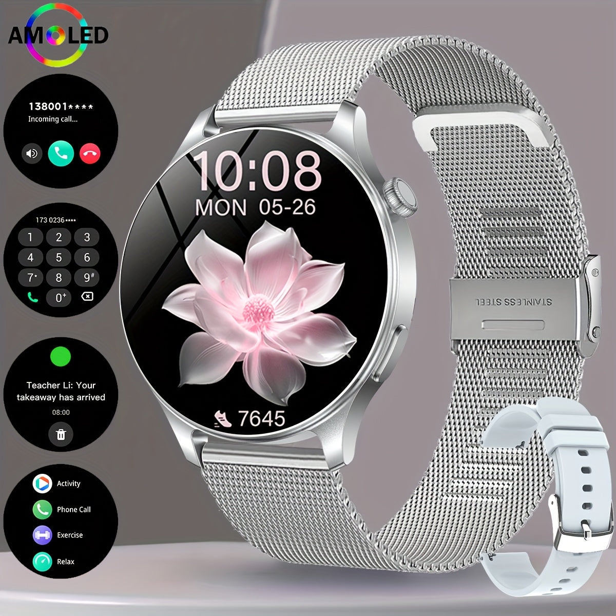 Montre Connectée Femme – Écran AMOLED 1,53", 100+ Modes Sportifs, Appels Sans Fil & IP68 | Charge Magnétique