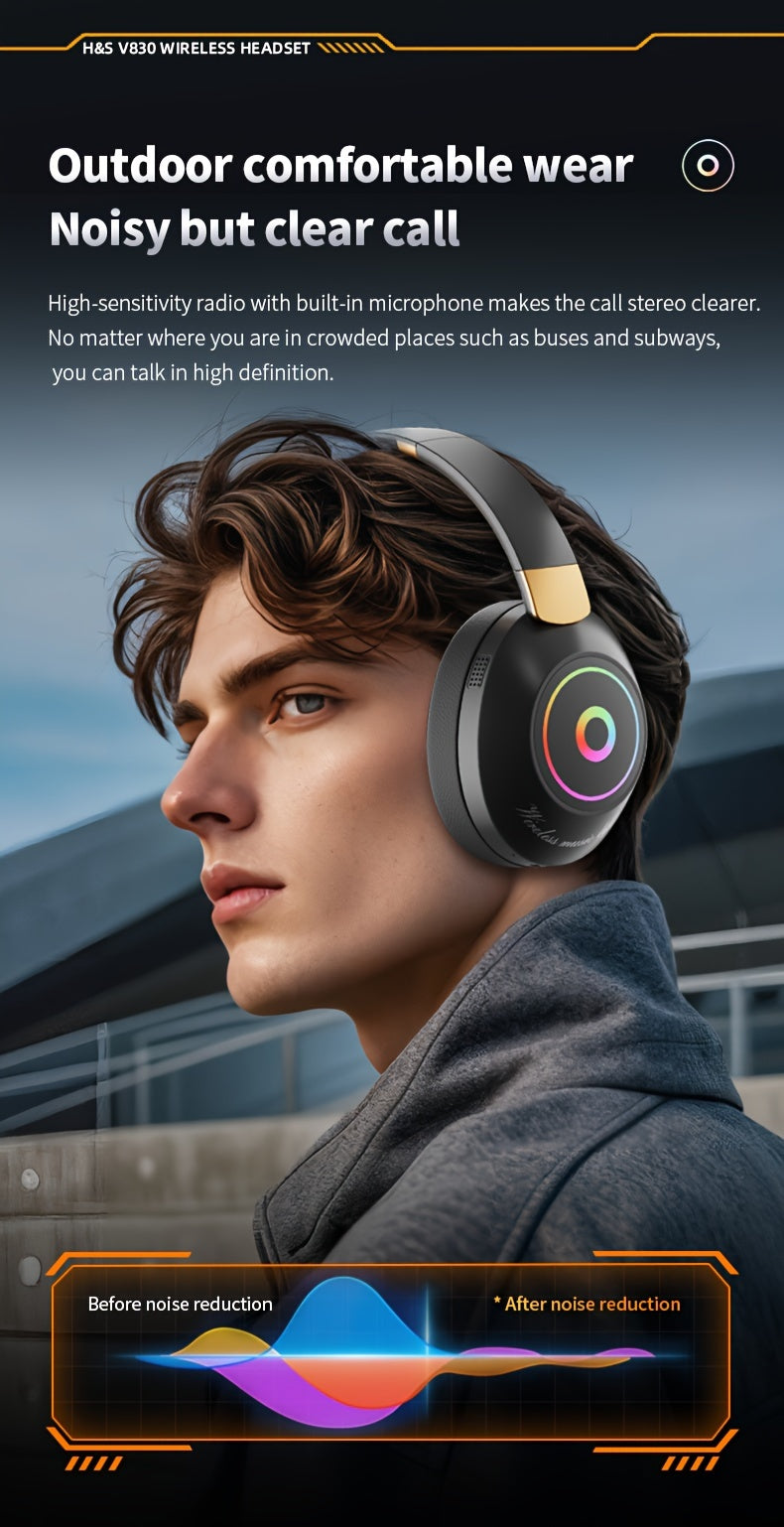 Casque Sans Fil Pliable avec Lumières LED – Gaming & Musique, Batterie 200mAh & USB-C | Noir & Blanc