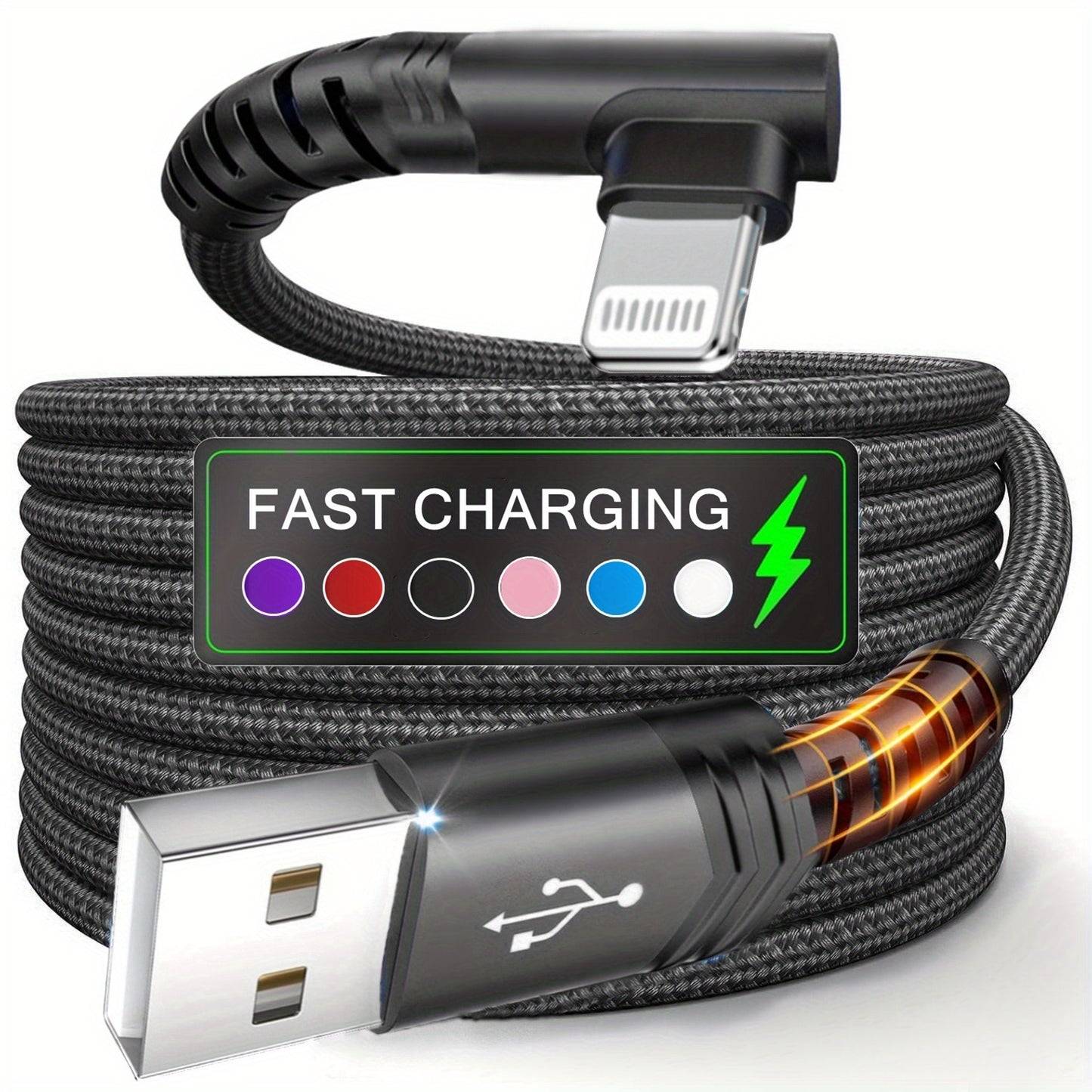 Câble de Charge à 90° – 20W, USB vers Lightning, Nylon Tressé | 1m & 2m | Hihowin