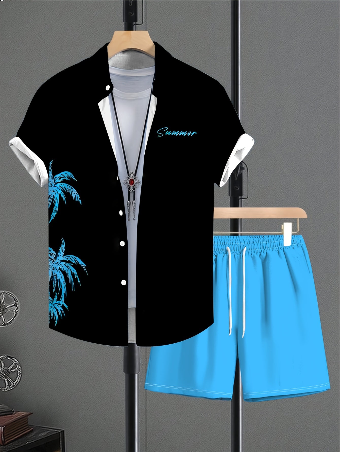 Ensemble Chemise Manches Courtes et Short Imprime Homme - Tenue Ete Decontractee