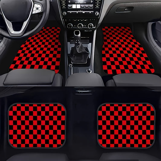 Lot de 4 Tapis de Sol Voiture Rouges À Carreaux – Polyester Résistant Universel