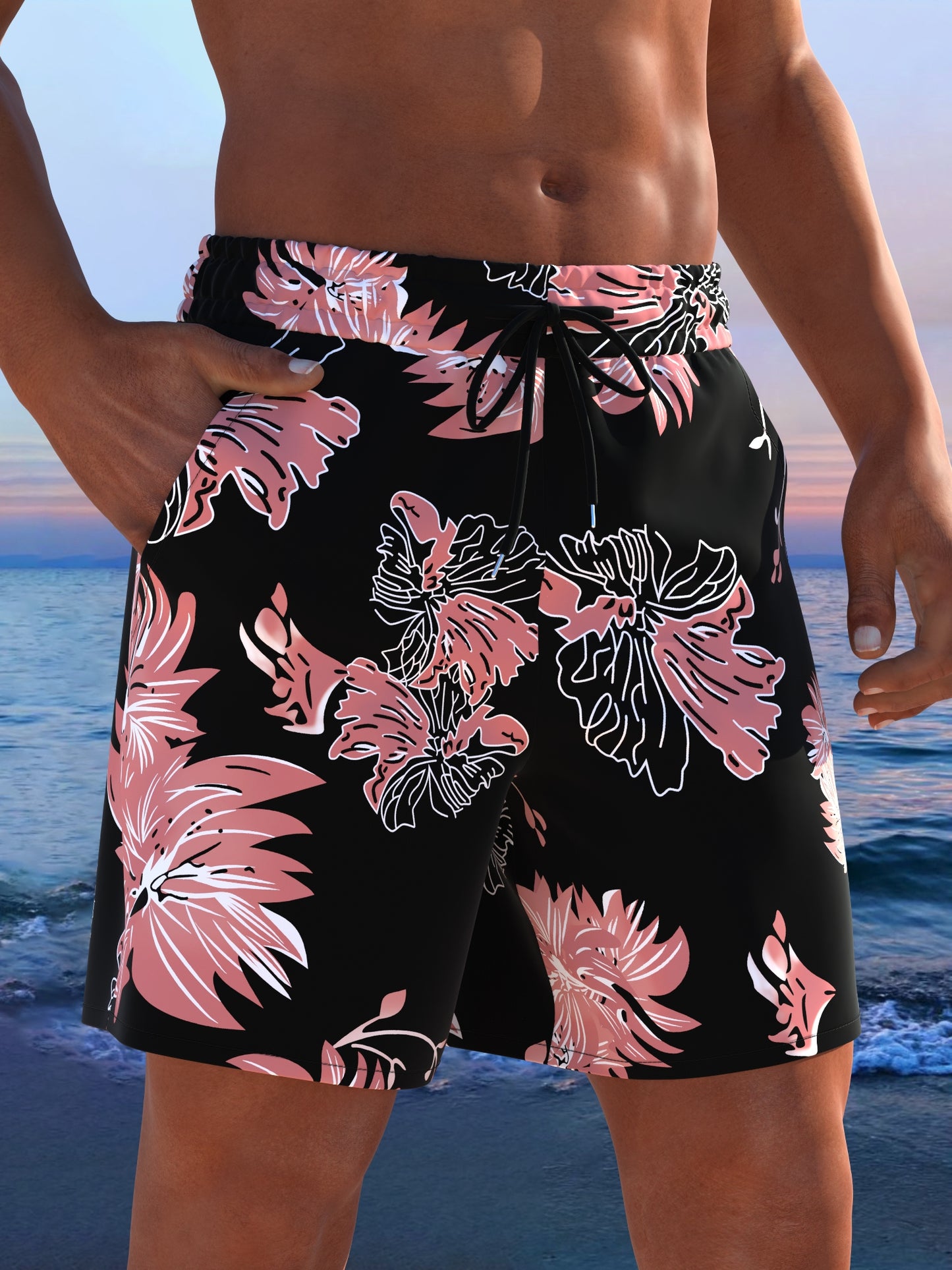 Short de plage homme imprimé tropical cordon ajustable - Coupe ample, séchage rapide