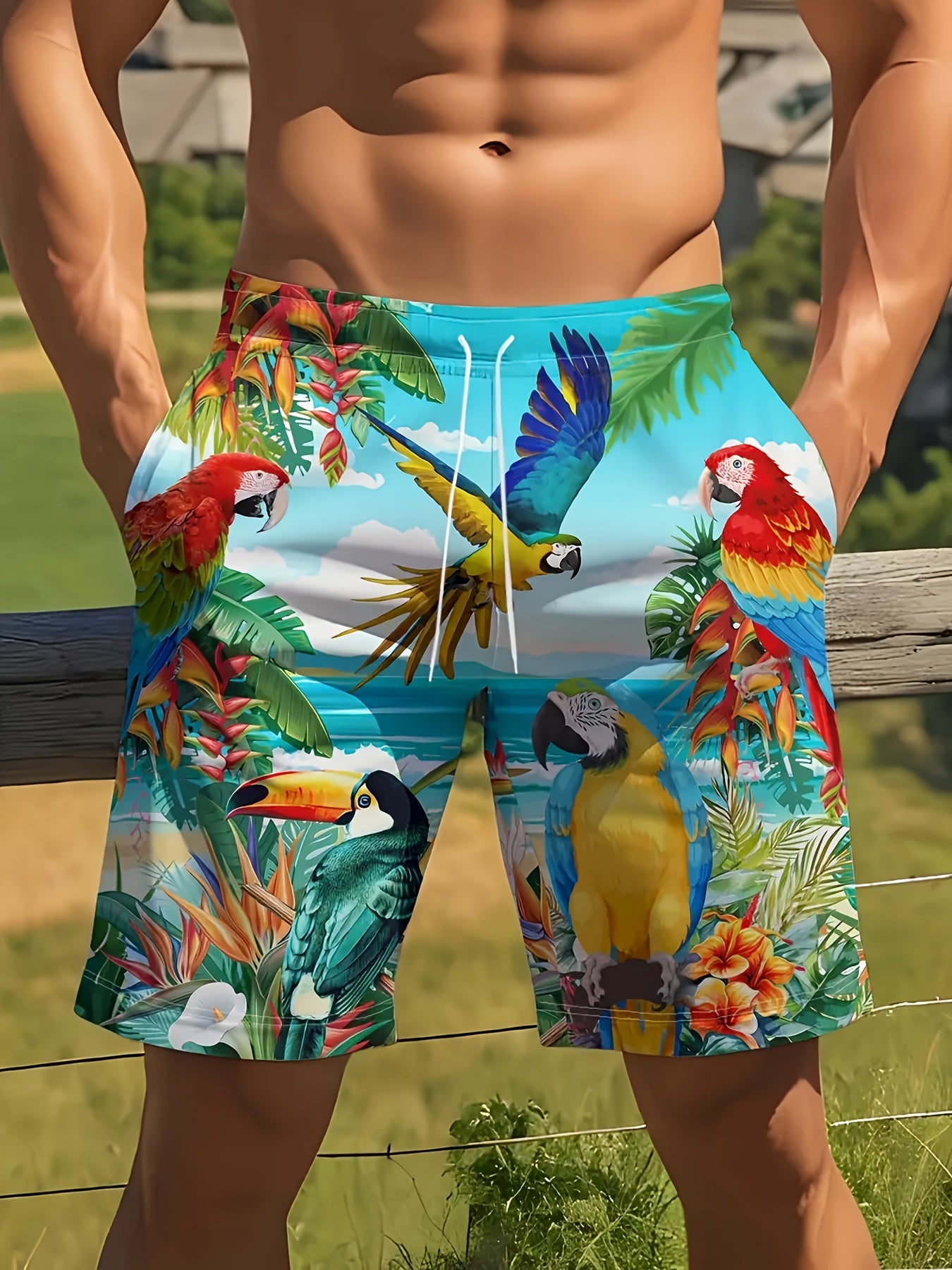 Short de plage homme grande taille imprimé perroquet 3D - Avec poches, coupe standard