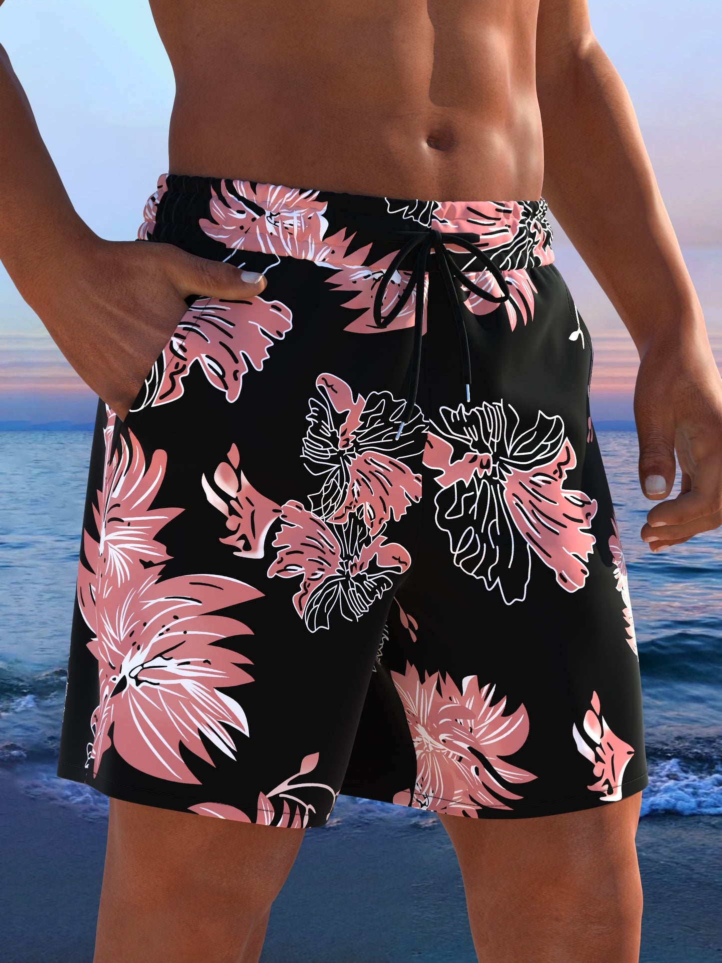Short de plage homme imprimé tropical cordon ajustable - Coupe ample, séchage rapide